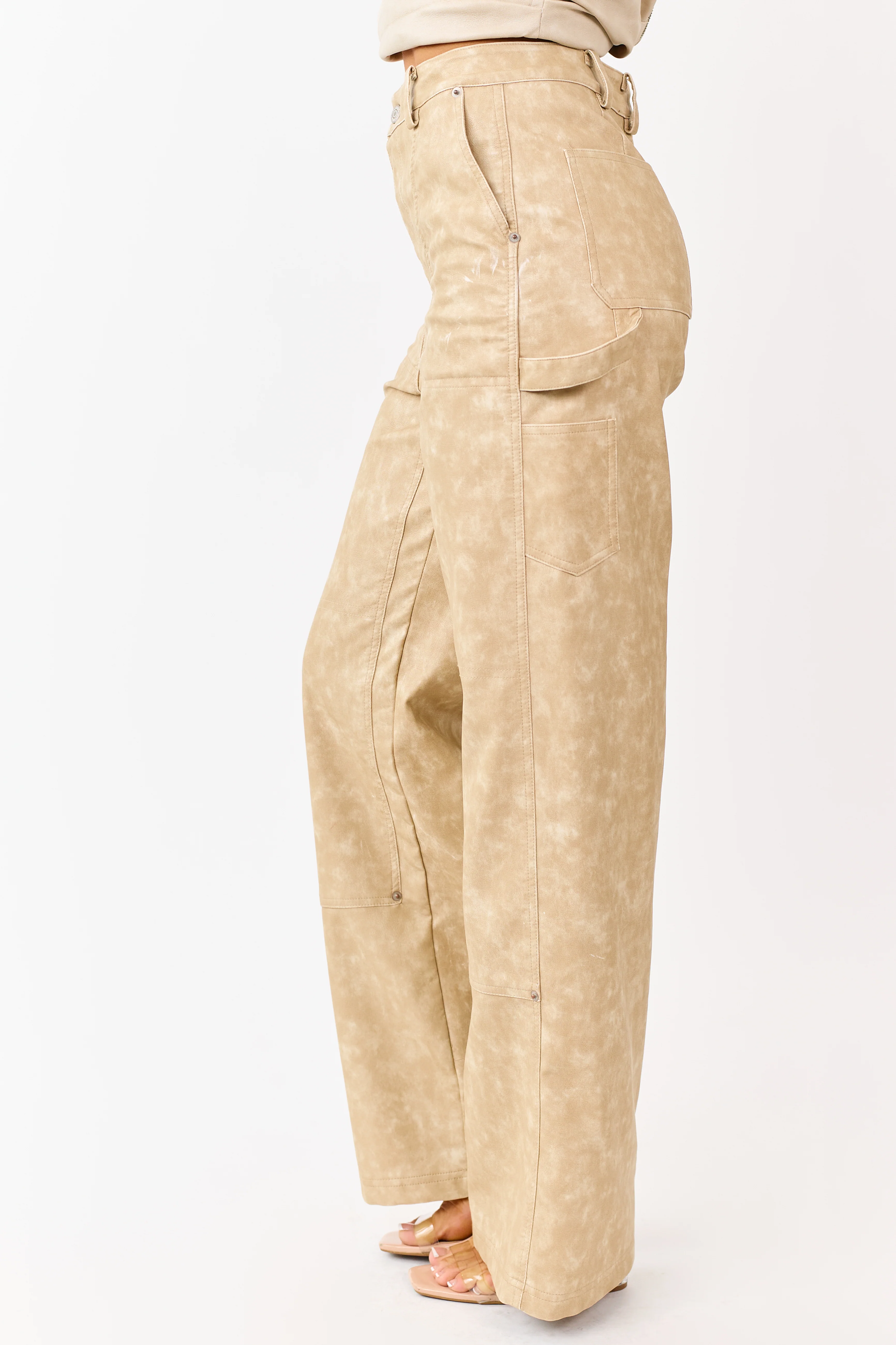 Beige Mineral Wash Faux Leather Wide Leg Pants - Image 4
