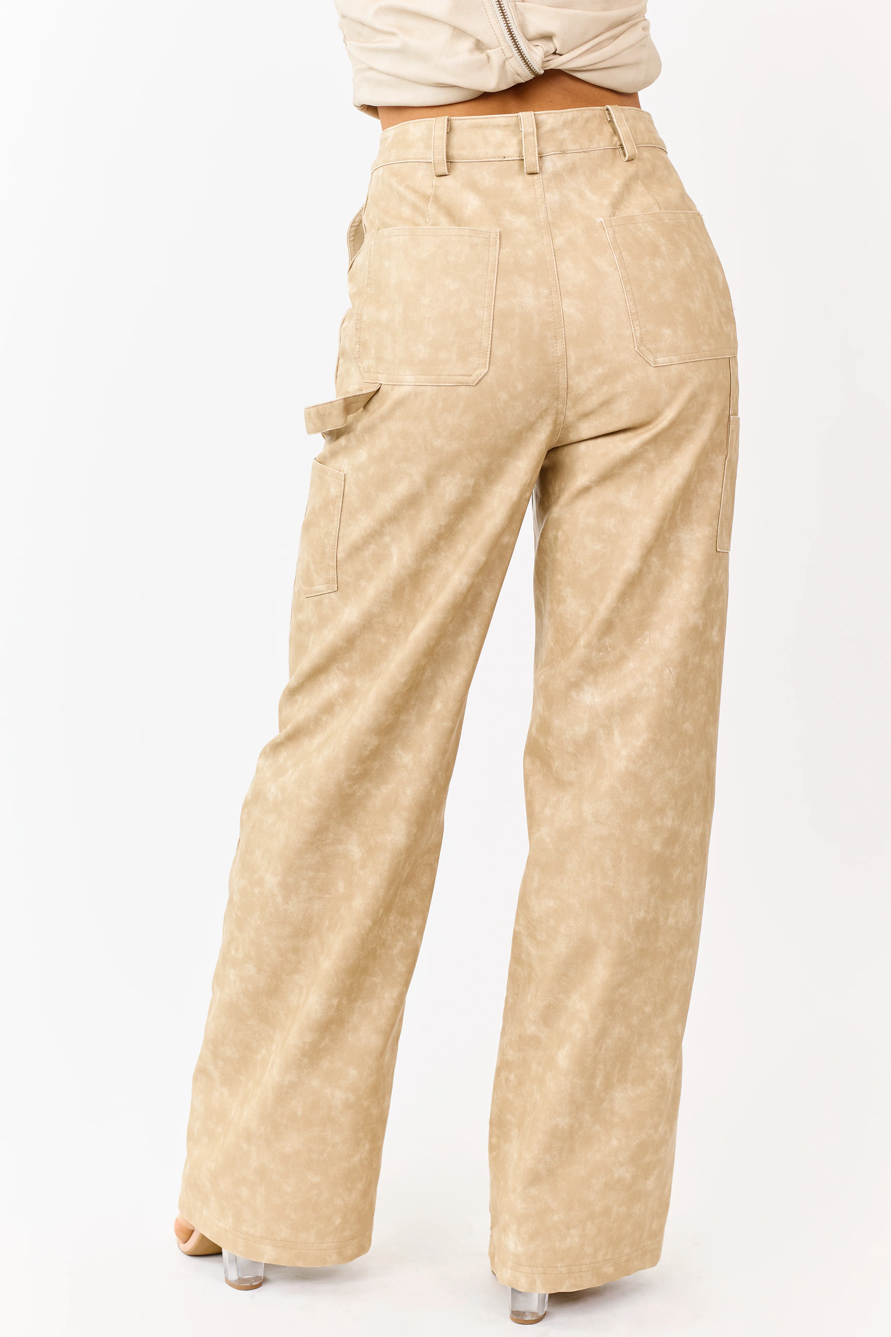 Beige Mineral Wash Faux Leather Wide Leg Pants - Image 5