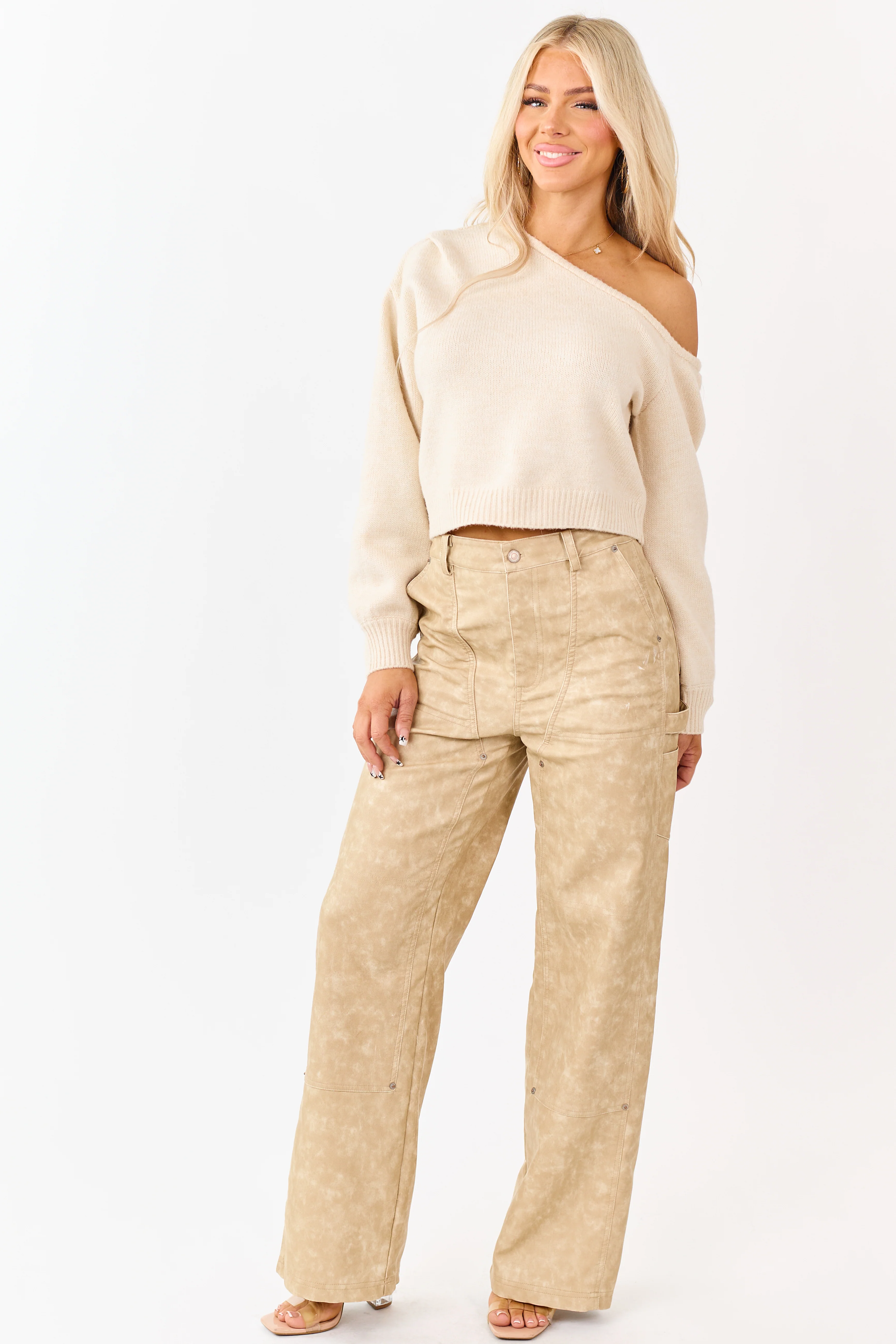 Beige Mineral Wash Faux Leather Wide Leg Pants - Image 6