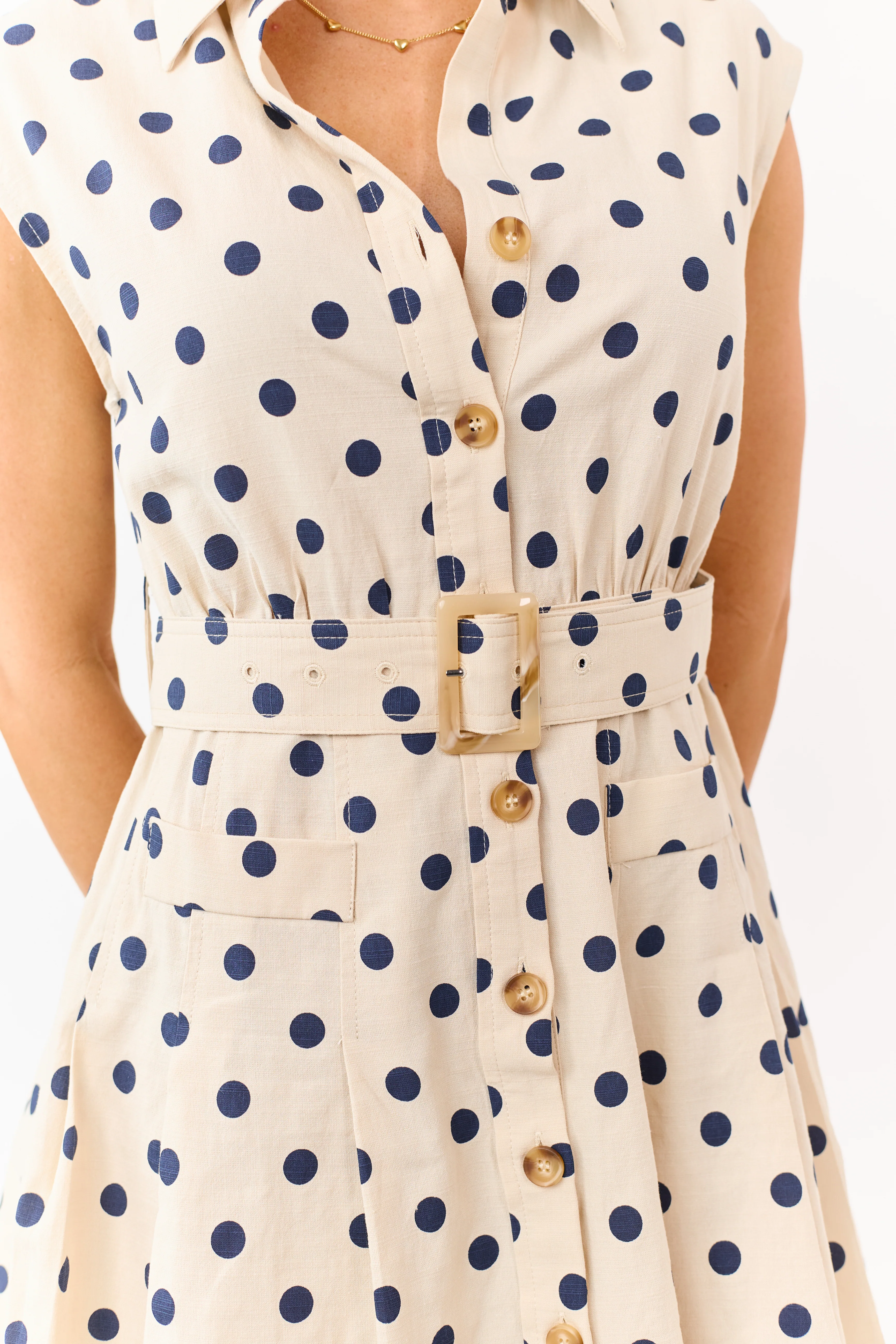 Beige and Navy Polka Dot Belted Mini Shirt Dress - Image 6