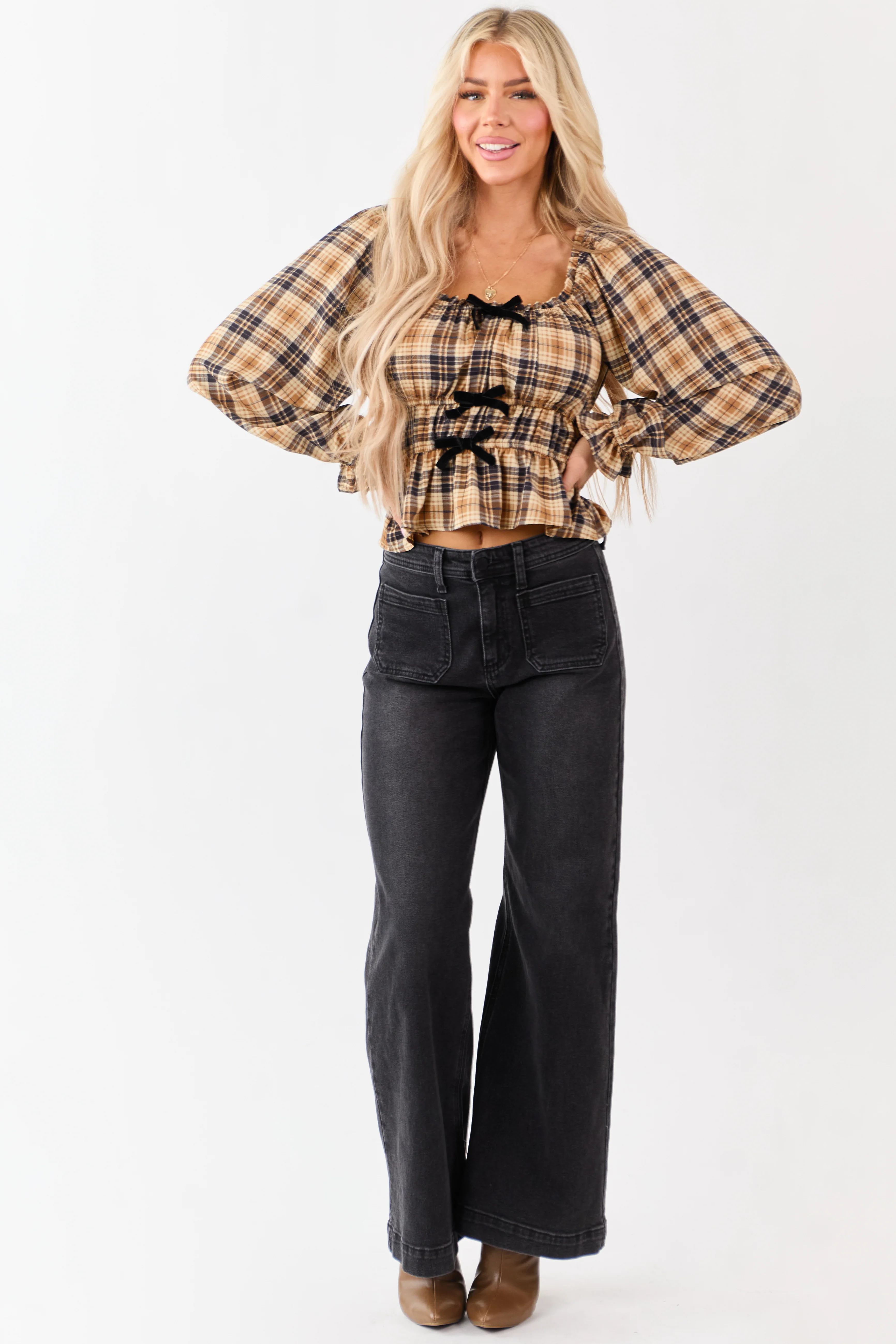 Beige Plaid Velvet Bow Detail Square Neck Top - Image 2