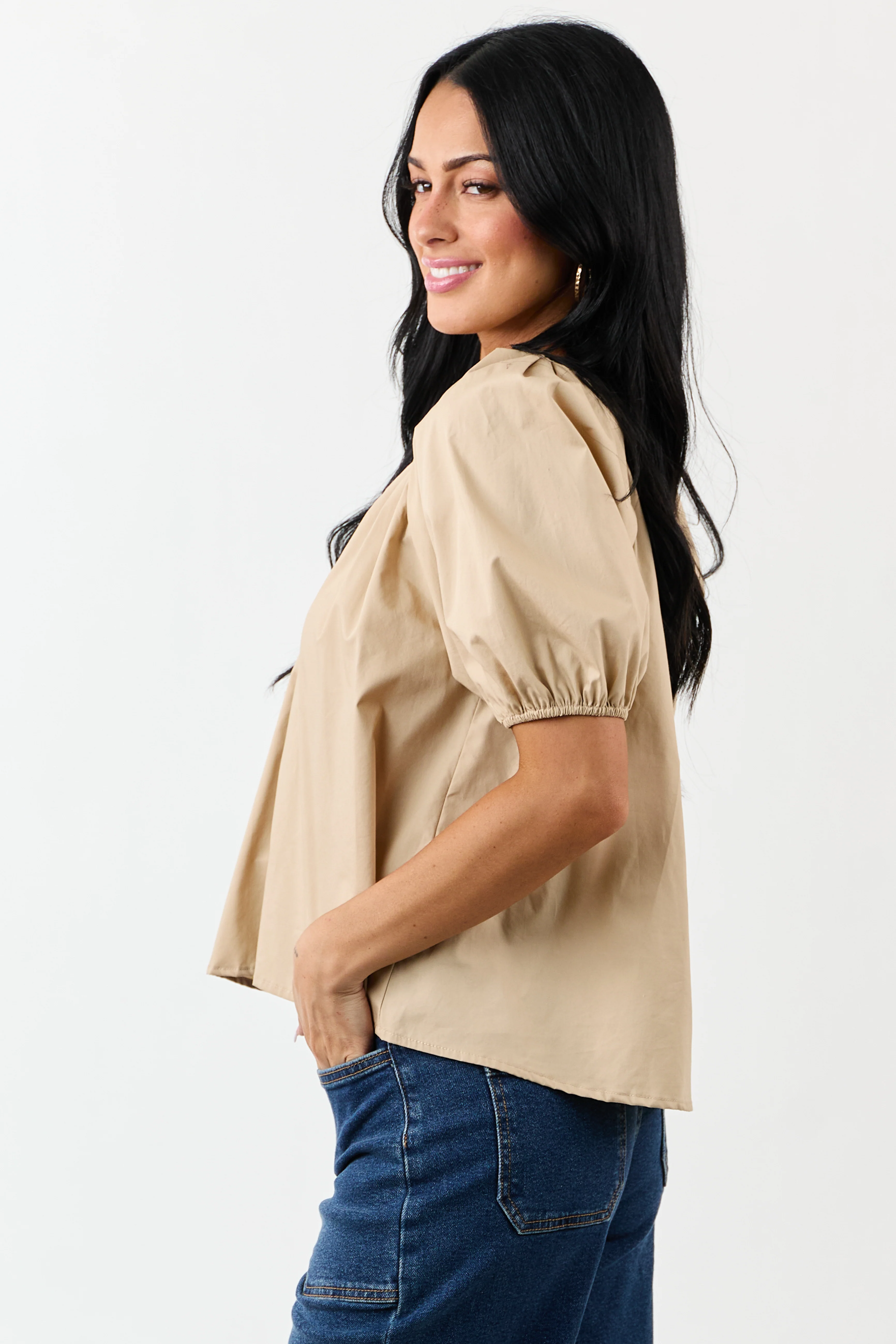 Beige Pleated Half Puff Sleeve Cotton Top - Image 4