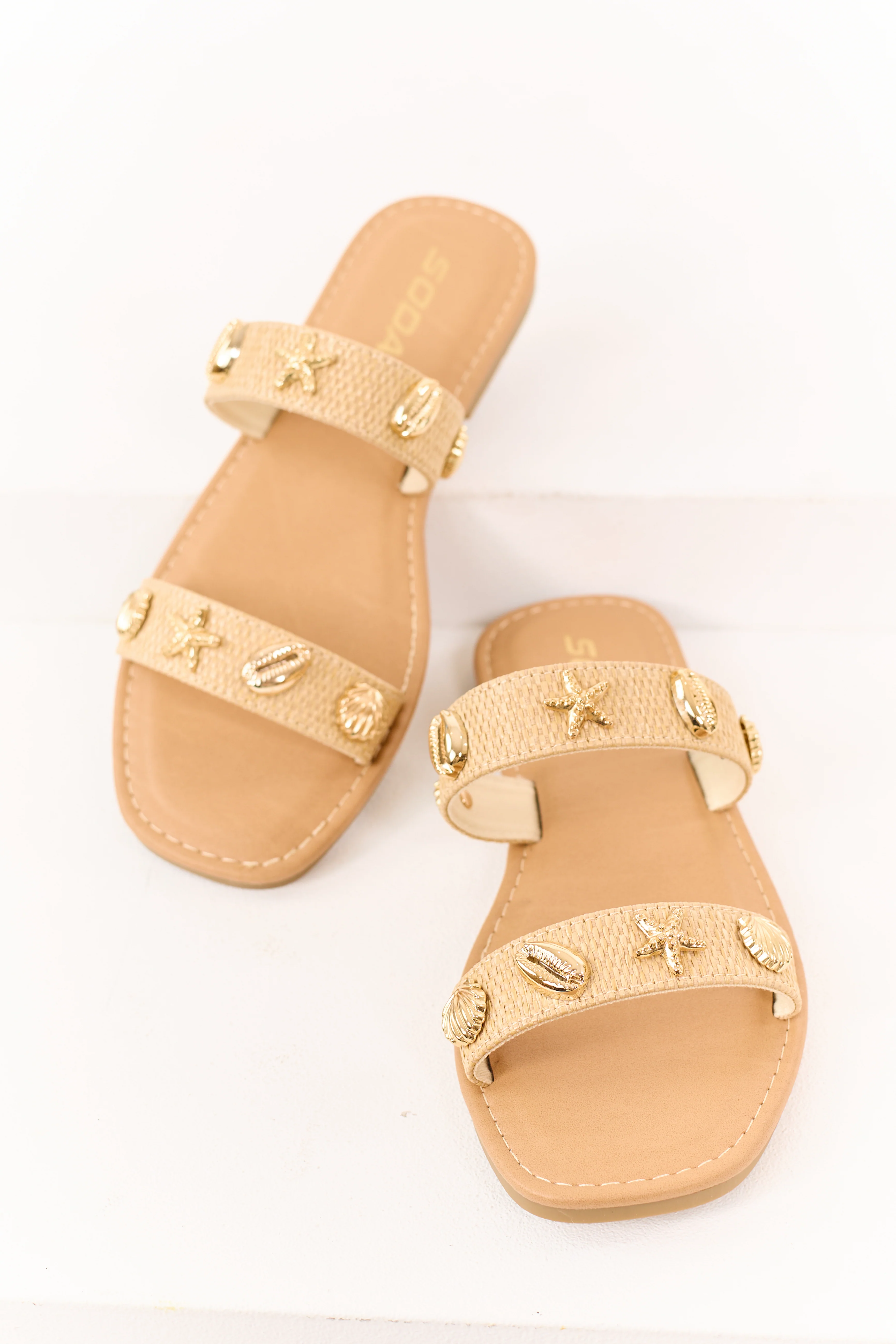 Beige Raffia Beach Charms Slip On Sandals