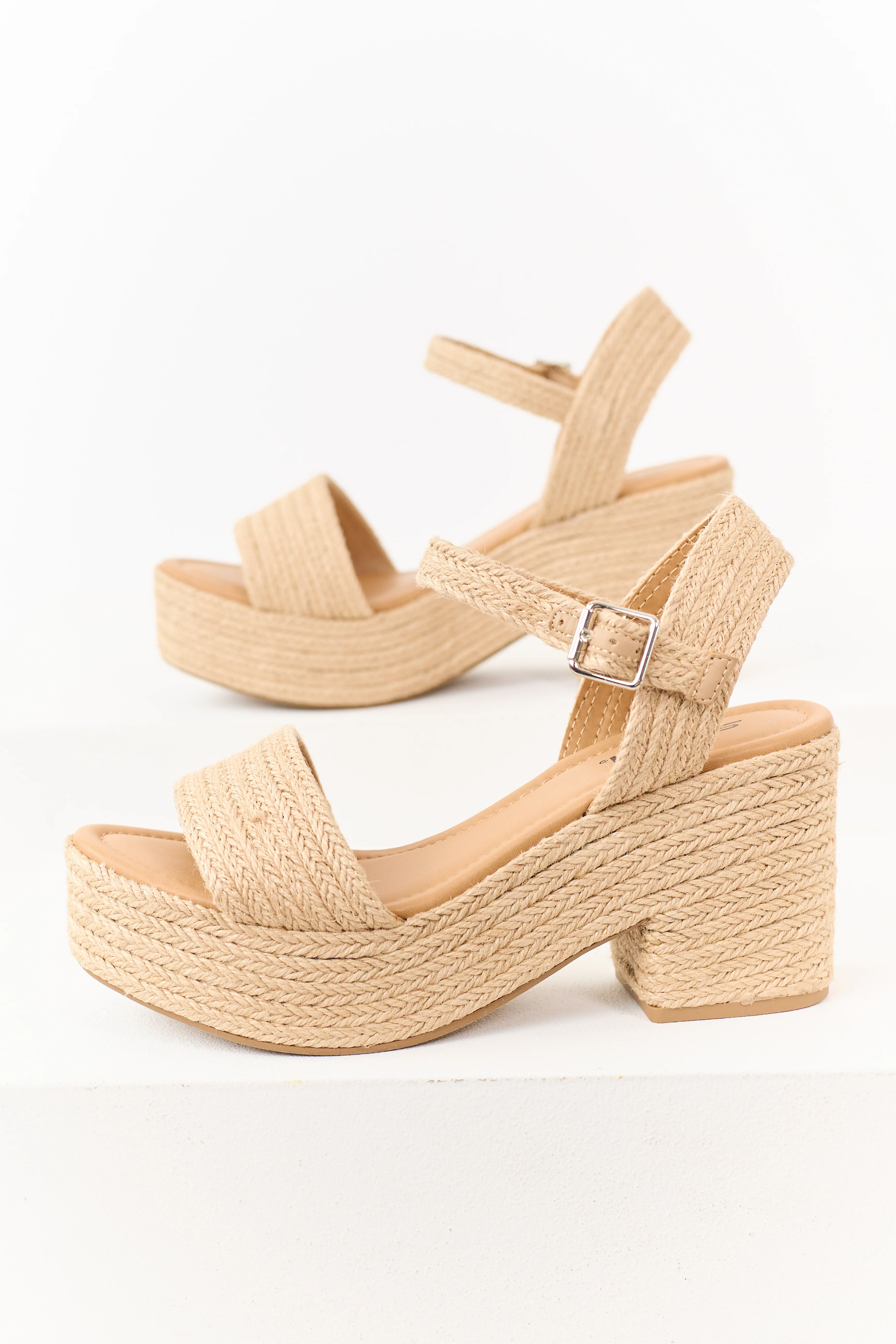 Beige Raffia Platform Ankle Strap Block Heels