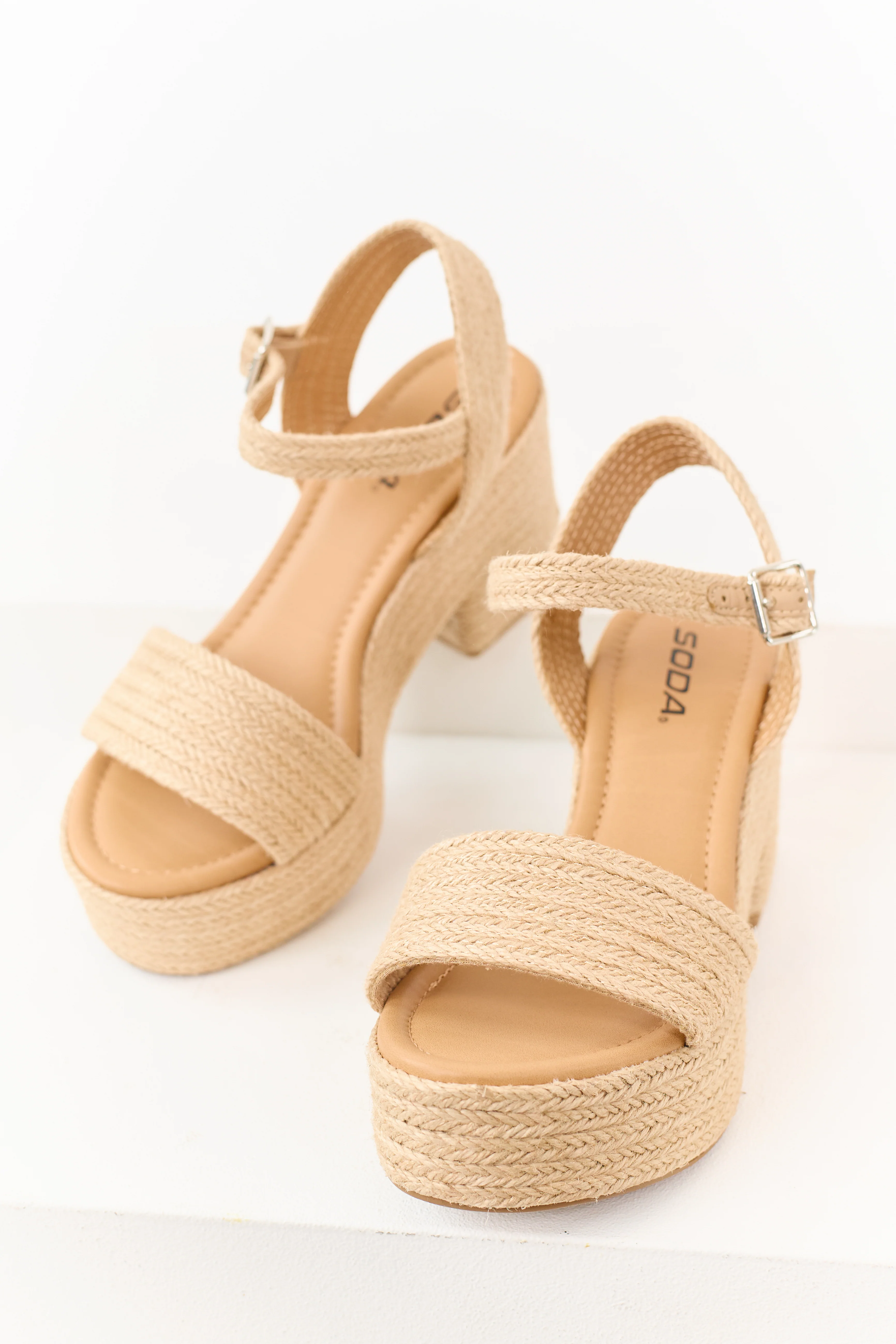 Beige Raffia Platform Ankle Strap Block Heels - Image 2