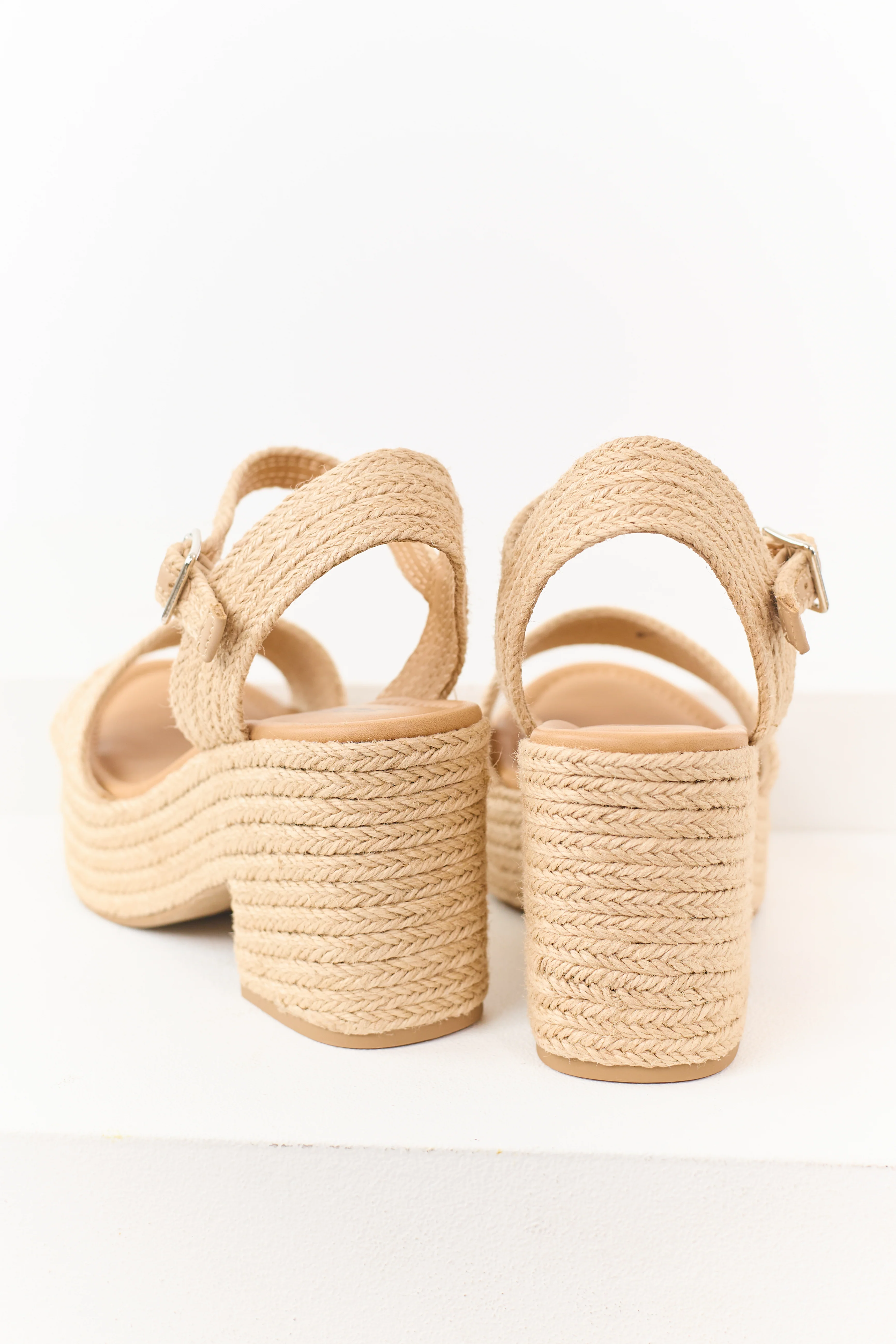 Beige Raffia Platform Ankle Strap Block Heels - Image 3