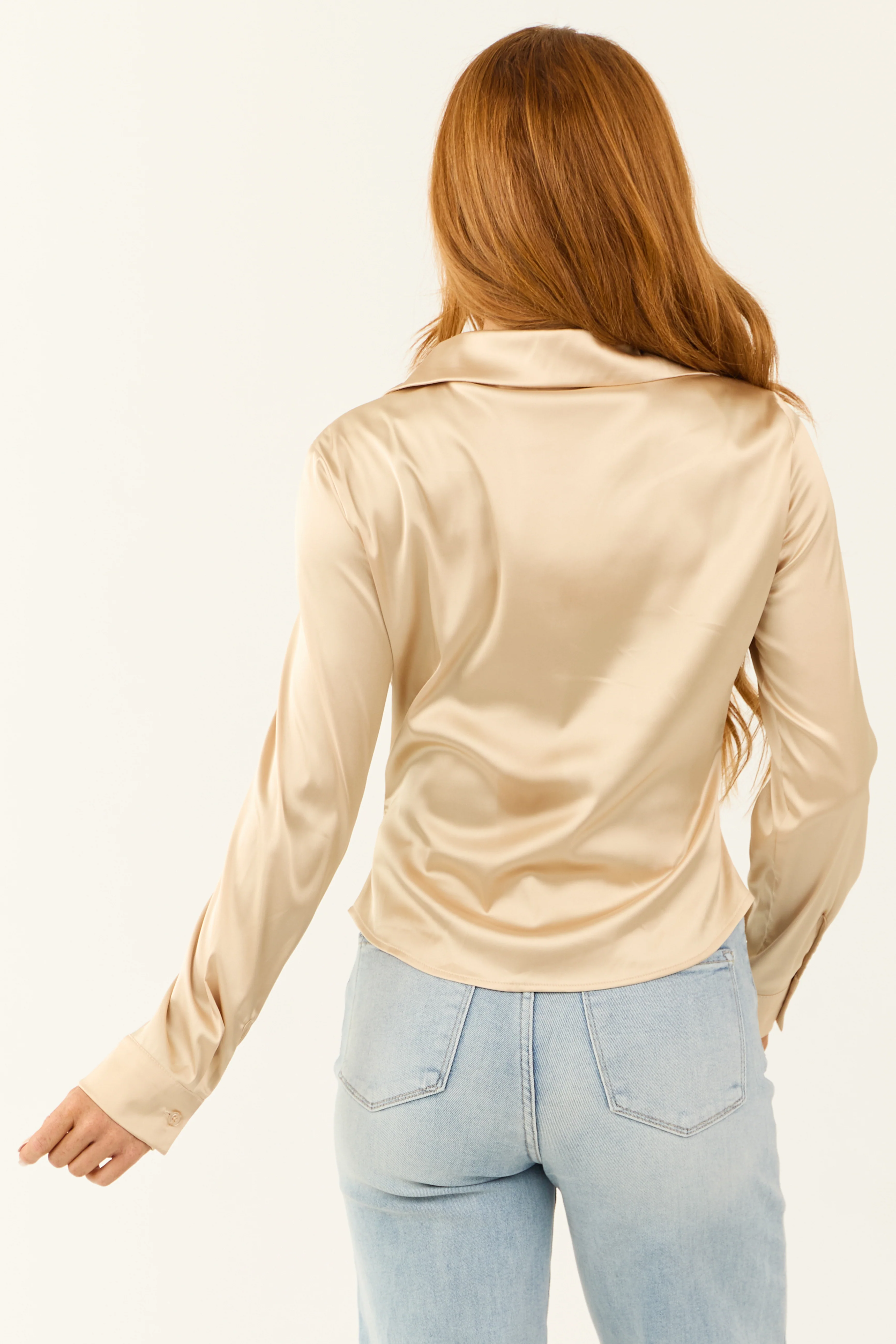 Beige Satin Long Sleeve Ruched Blouse - Image 5