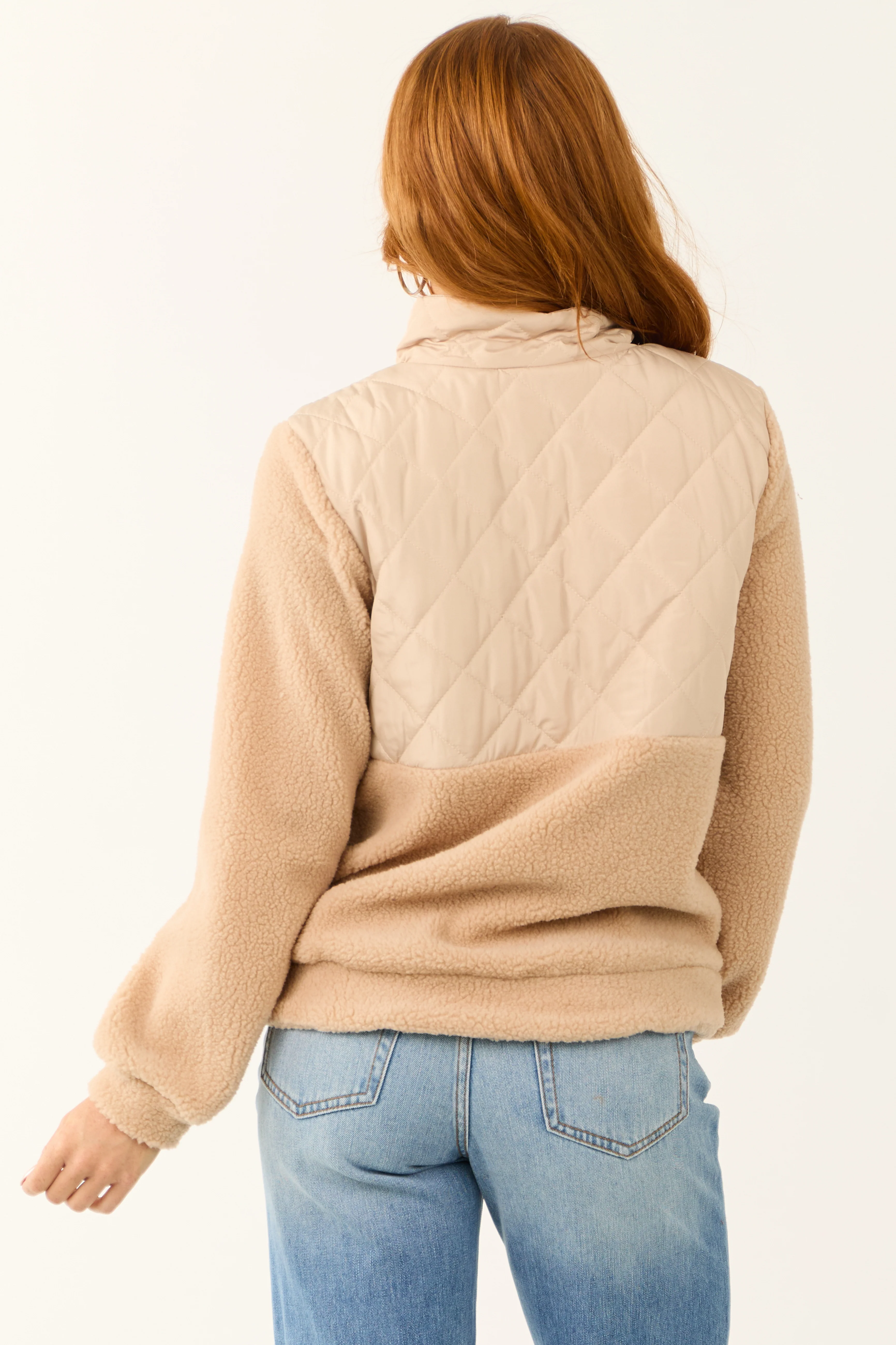 Beige Sherpa Quilted Zip Up Mock Neck Jacket - Image 6