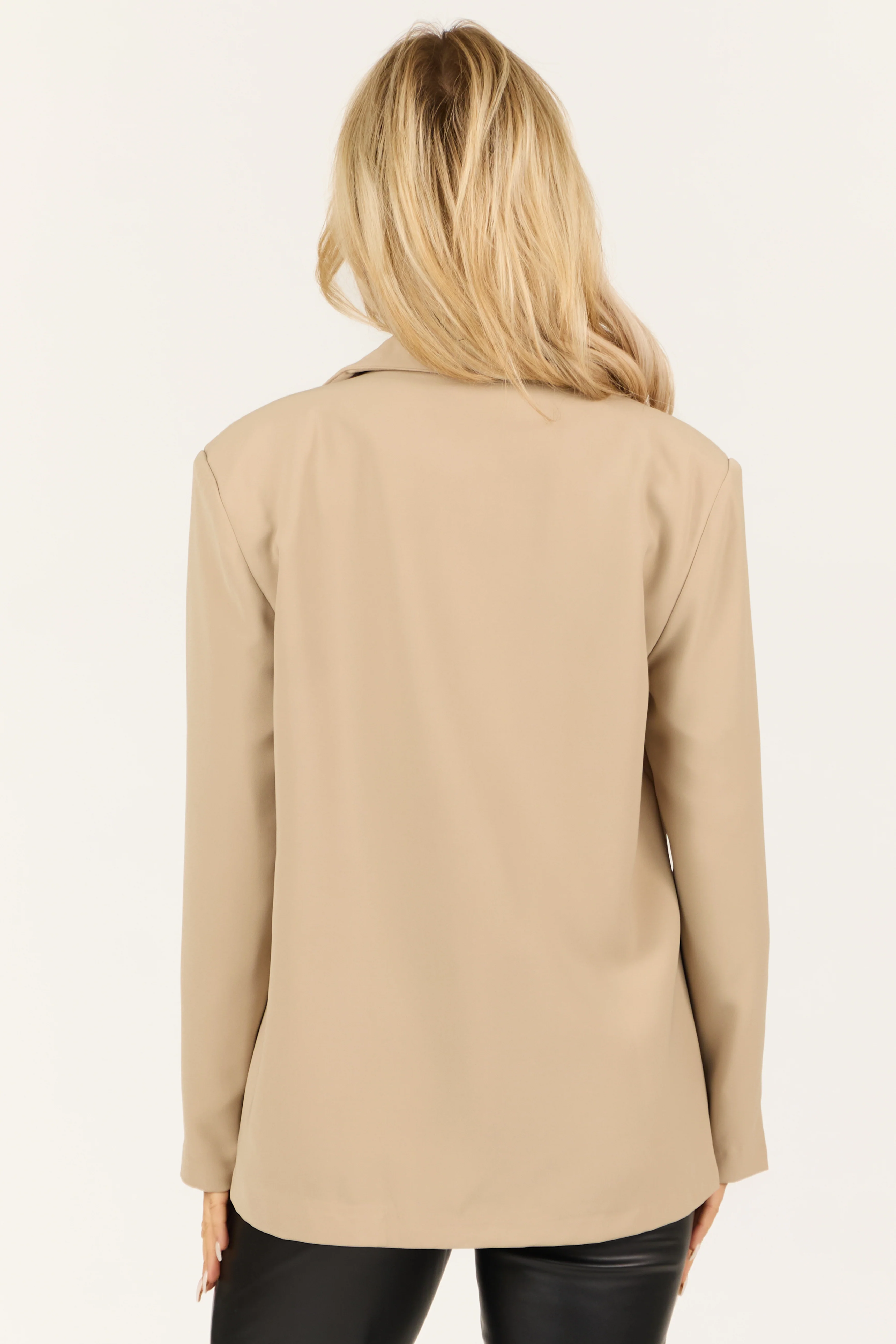 Beige Single Button Long Sleeve Shoulder Pad Blazer - Image 6