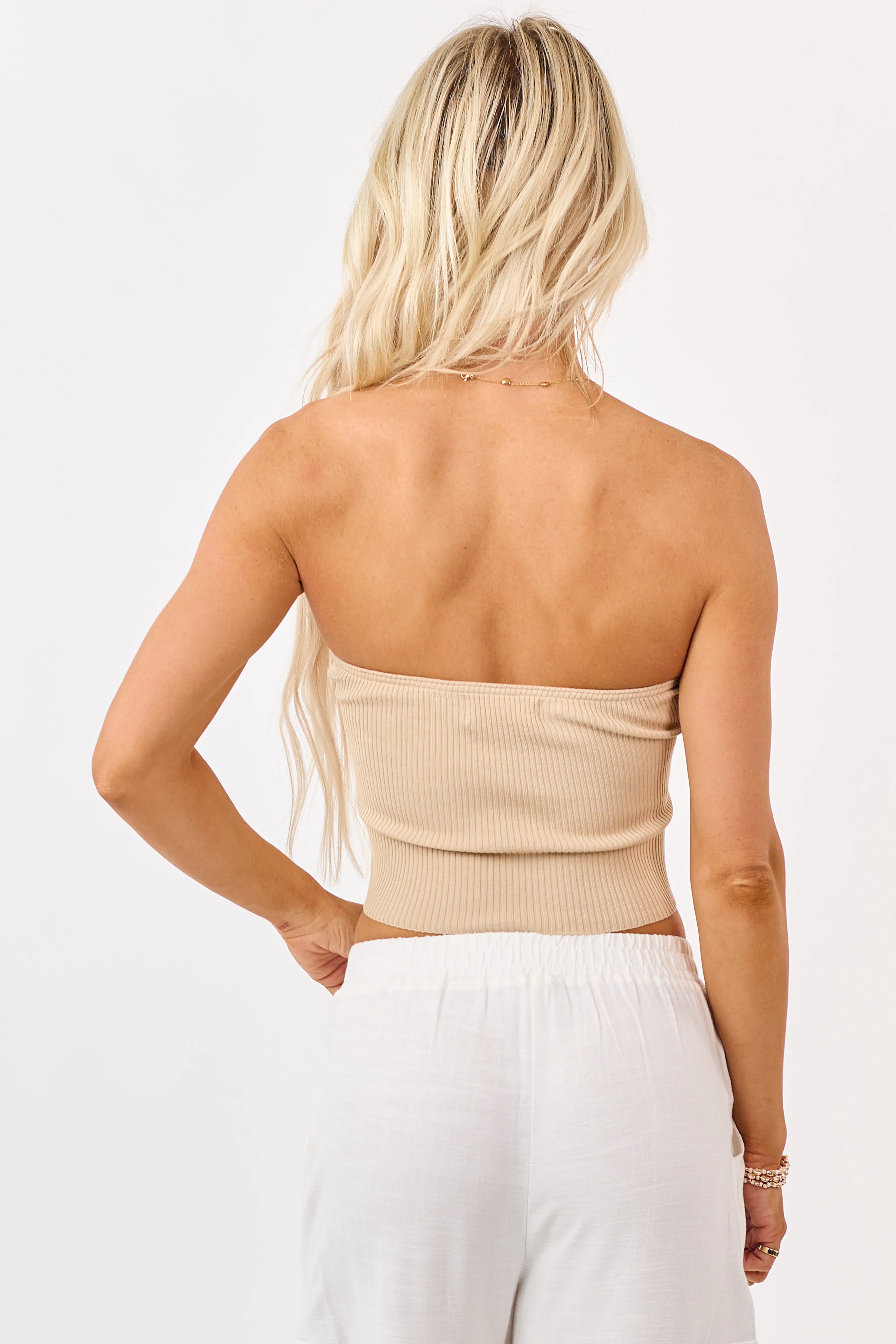 Beige Strapless Rib Knit Twist Bust Crop Top - Image 5