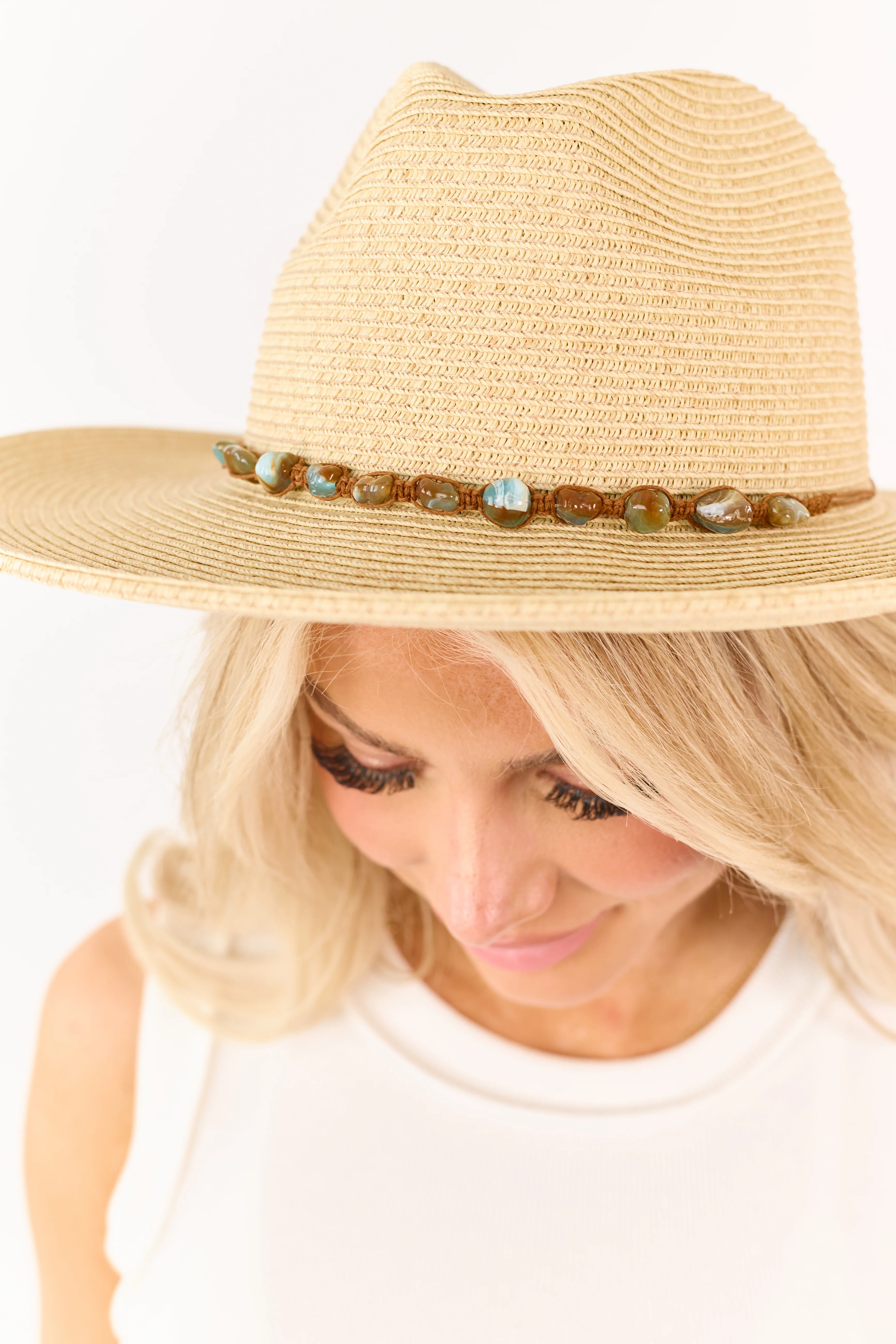 Beige Straw Beaded Twine Band Panama Hat - Image 2