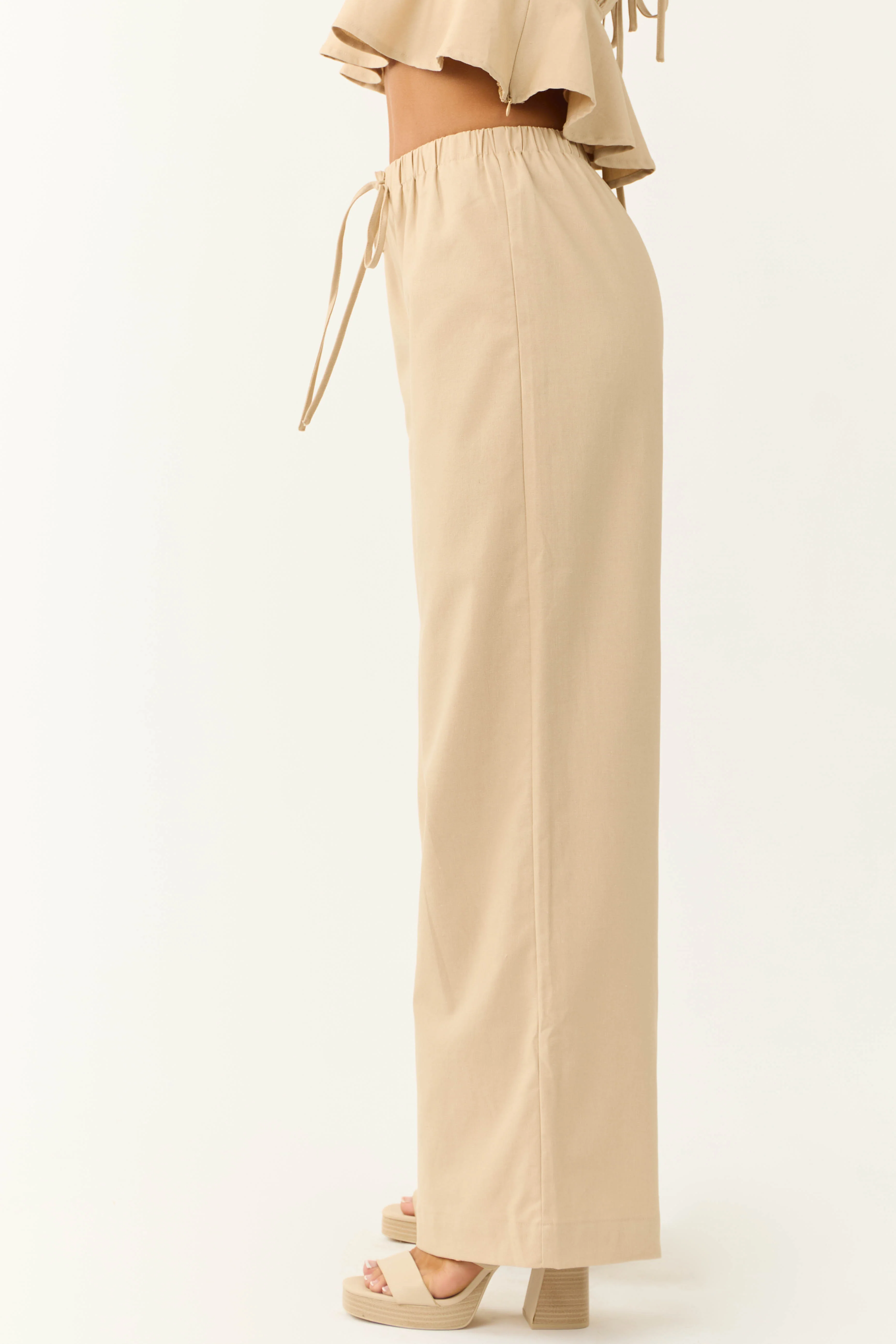 Beige Wide Leg High Waist Linen Pants - Image 4