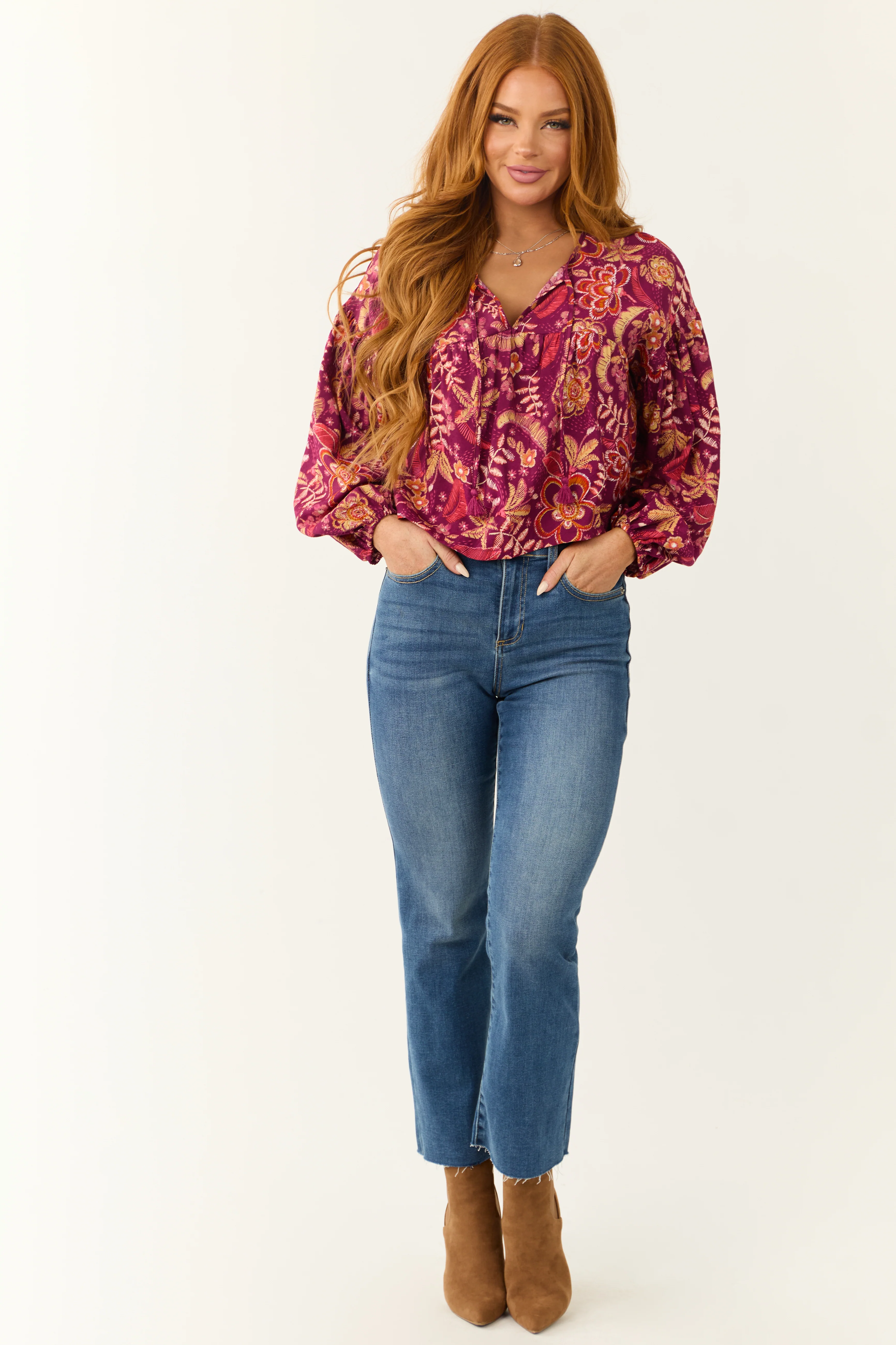 Berry Floral Print Long Sleeve Front Tie Top - Image 2
