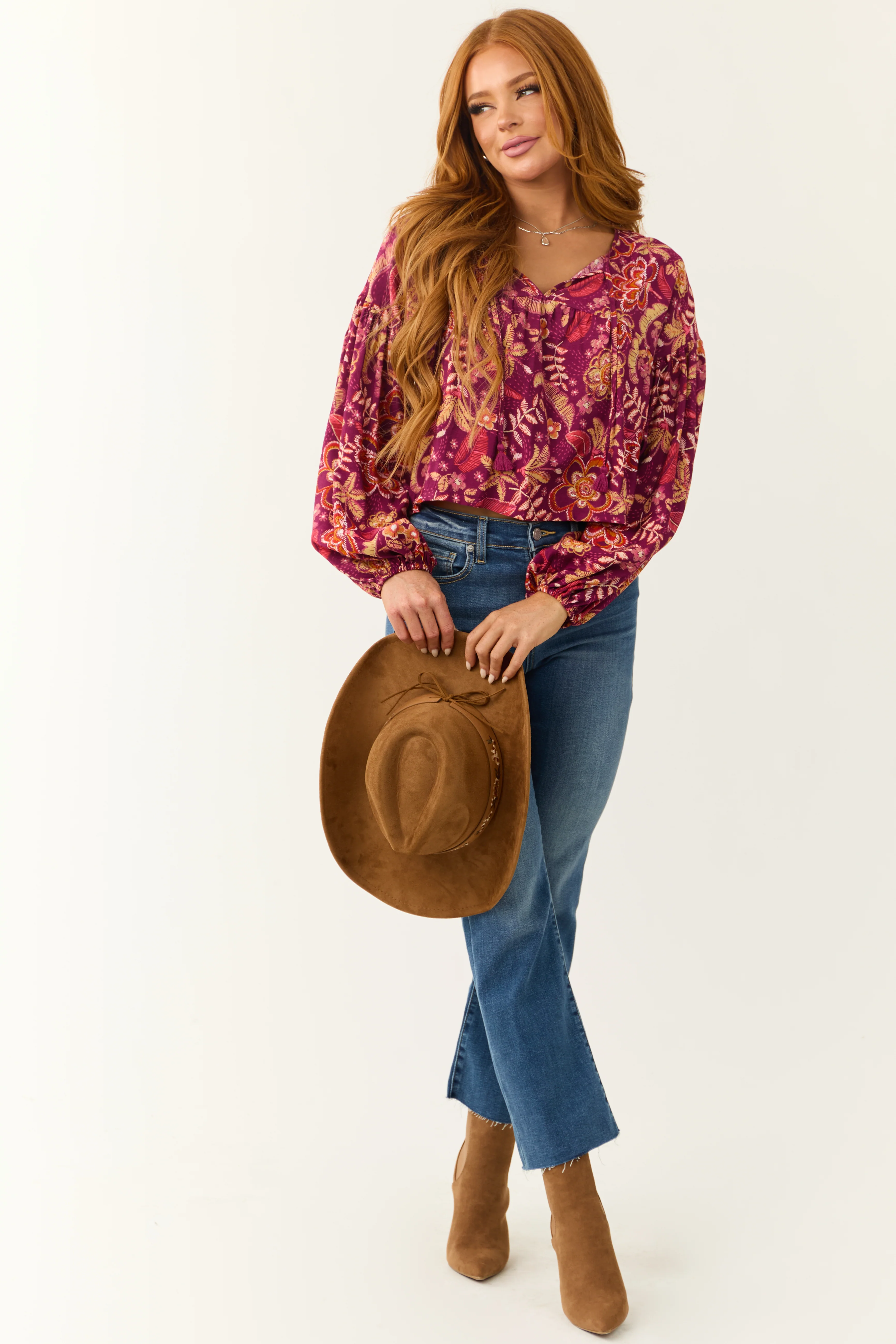 Berry Floral Print Long Sleeve Front Tie Top - Image 4