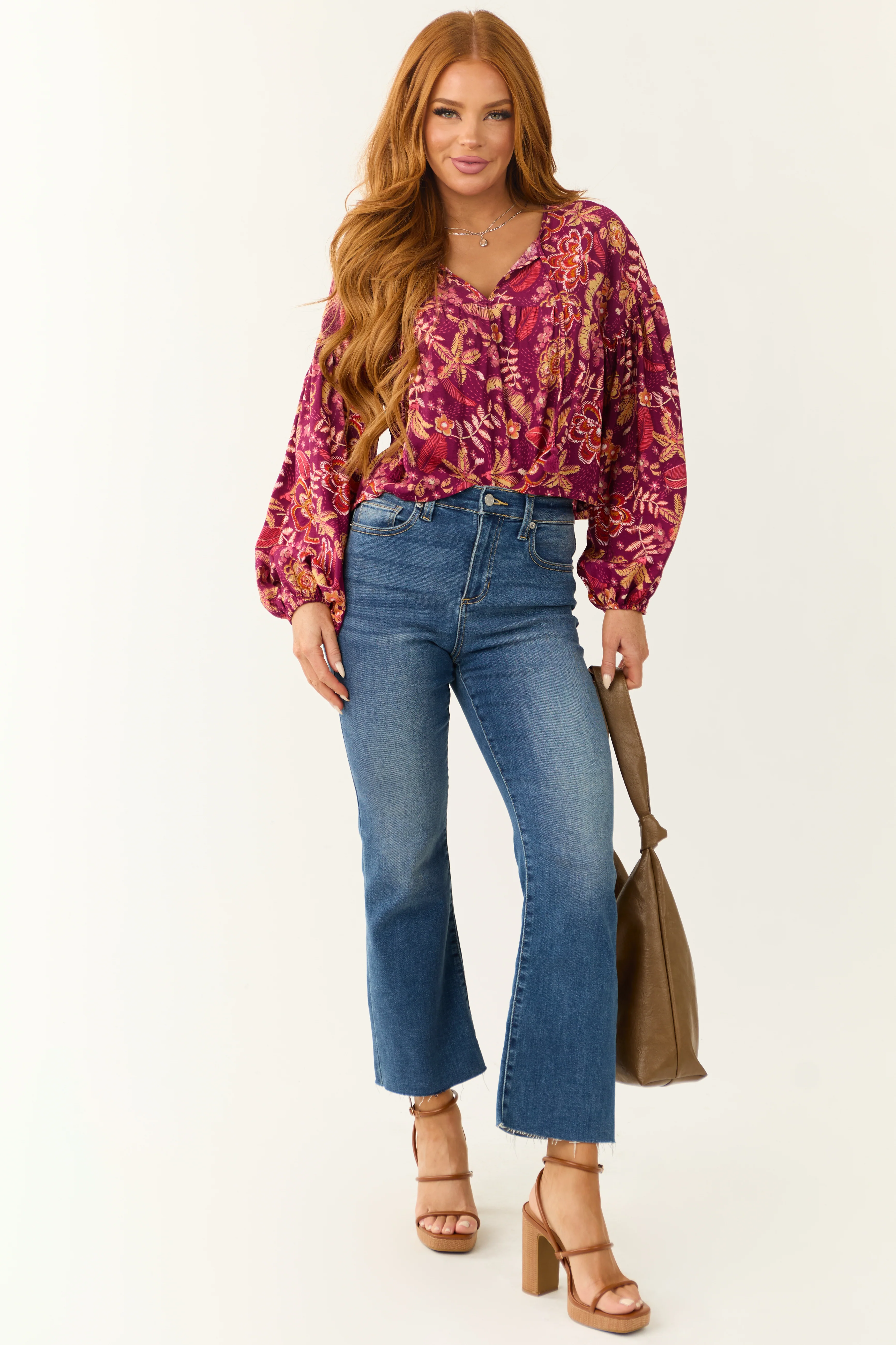 Berry Floral Print Long Sleeve Front Tie Top - Image 5
