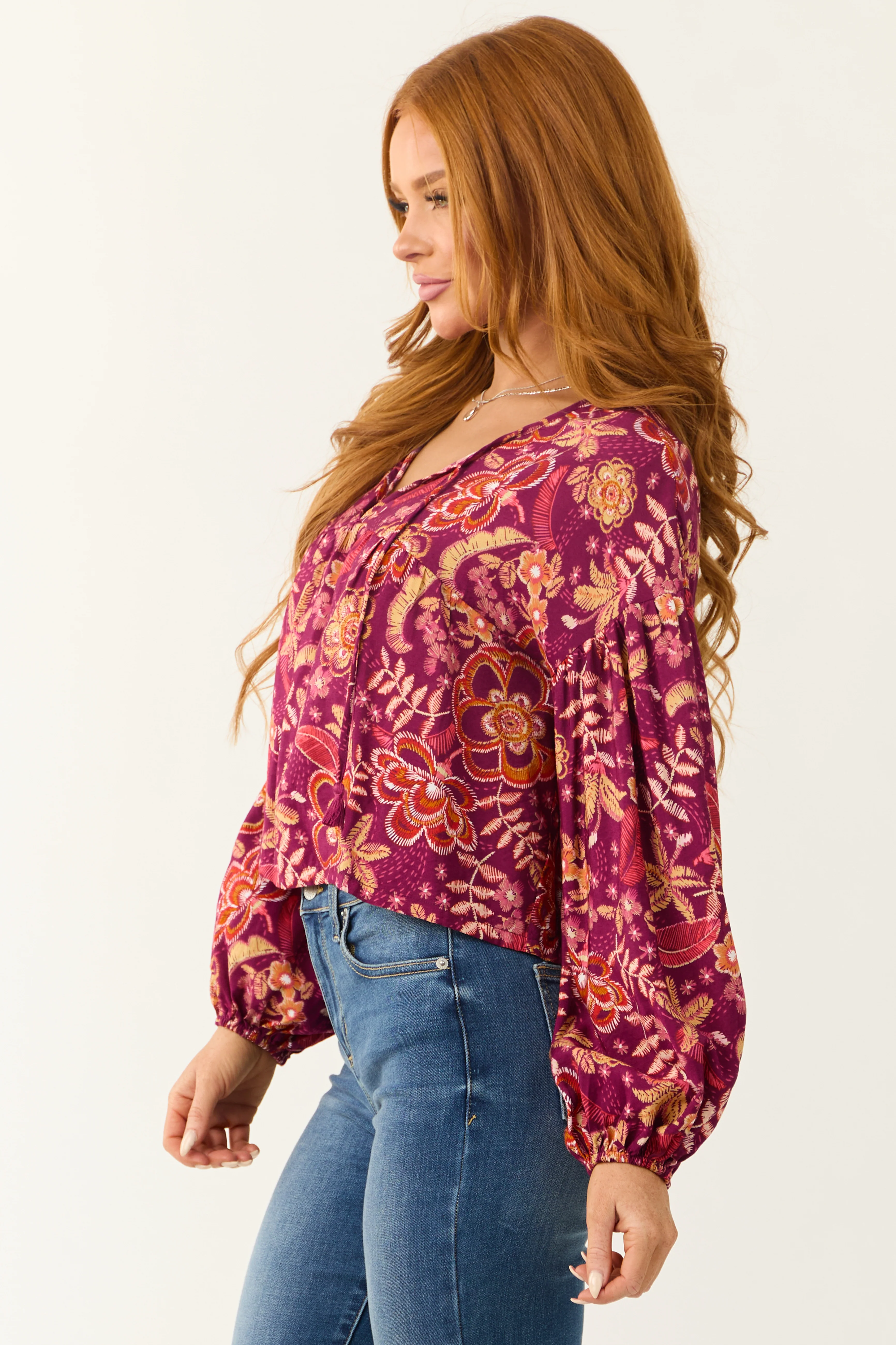 Berry Floral Print Long Sleeve Front Tie Top - Image 6