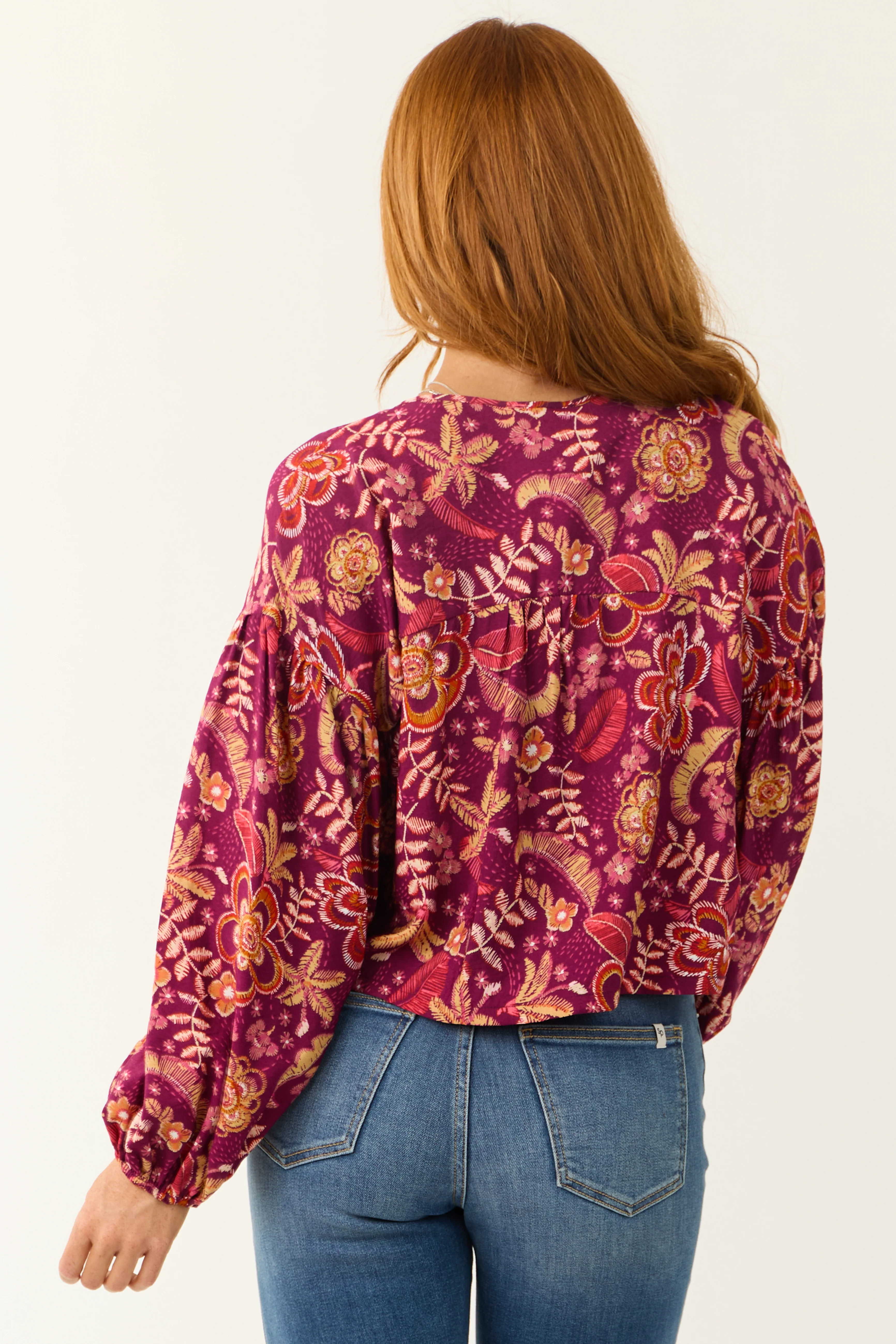 Berry Floral Print Long Sleeve Front Tie Top - Image 7