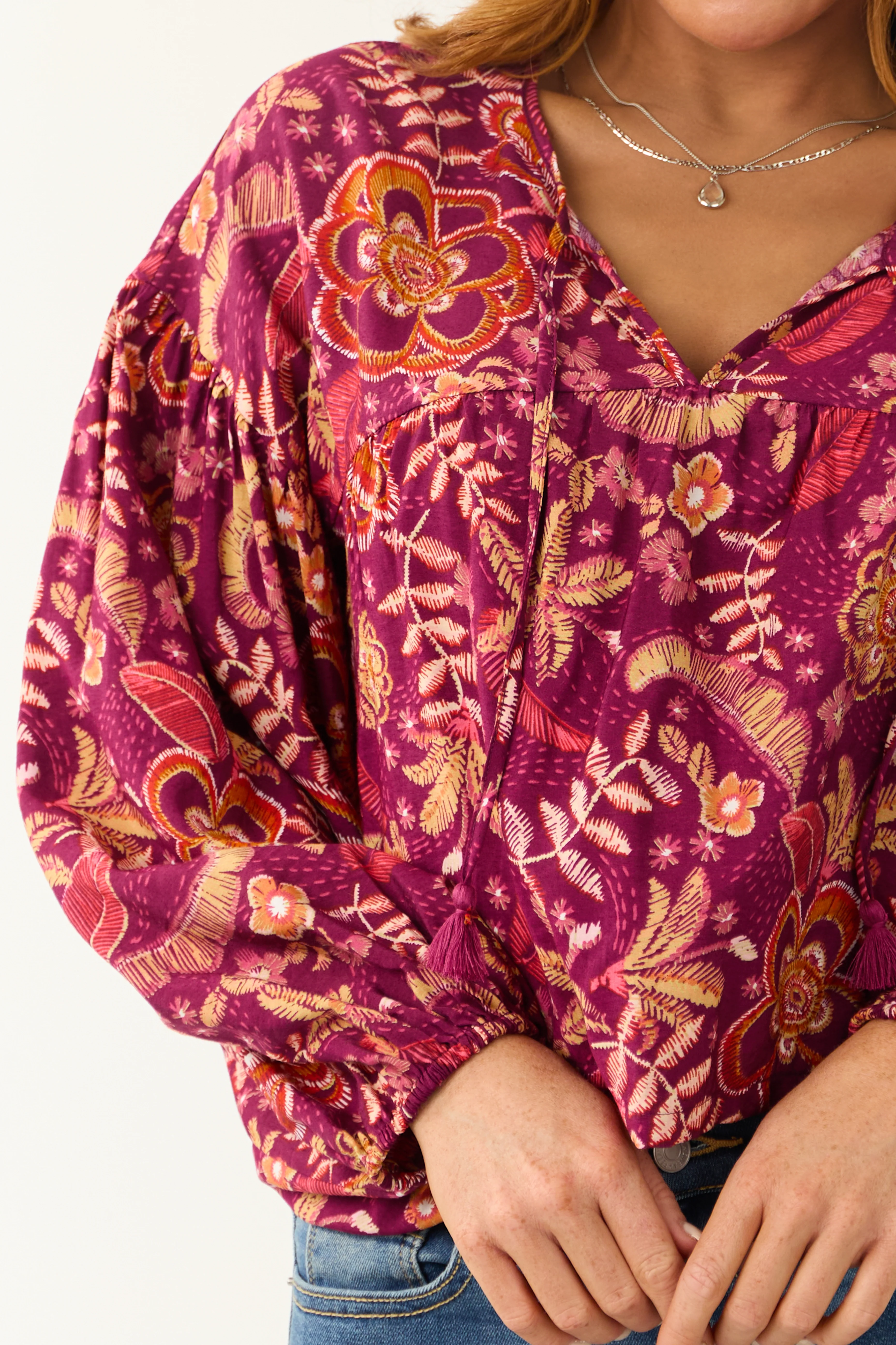 Berry Floral Print Long Sleeve Front Tie Top - Image 8