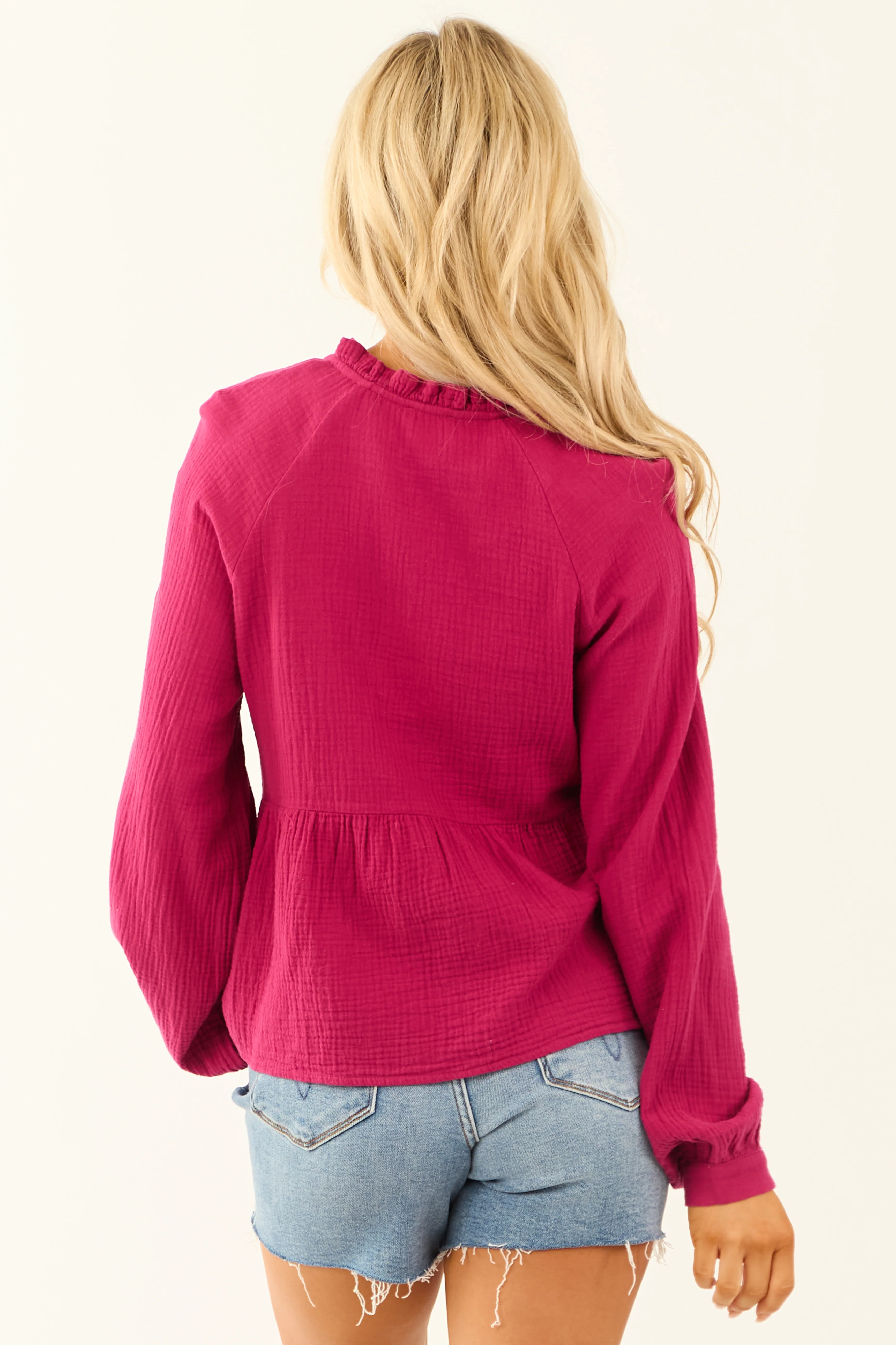Berry Frill Neck Triple Front Tie Long Sleeve Top - Image 6