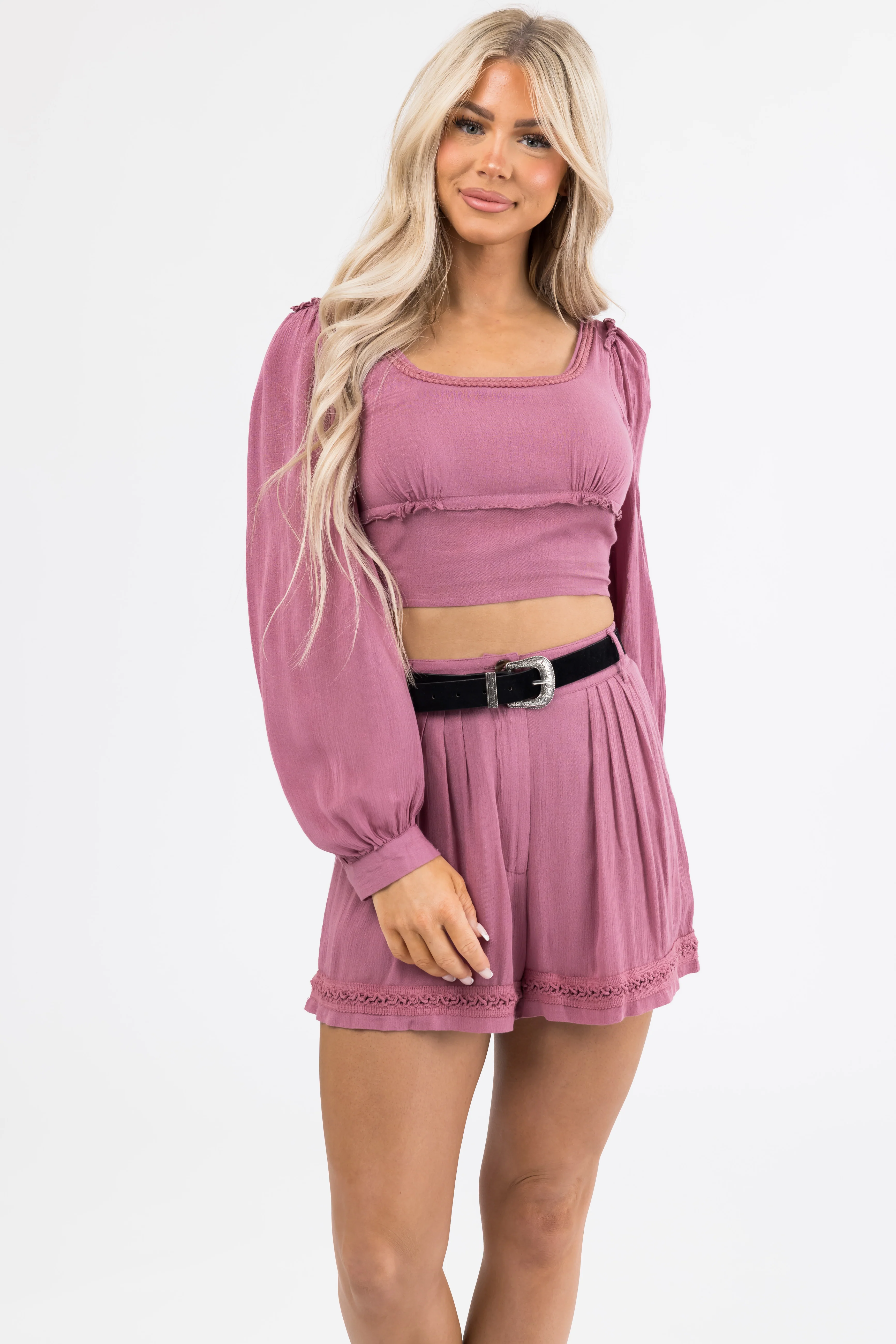 Berry Woven Shorts and Crop Top Set - Image 4