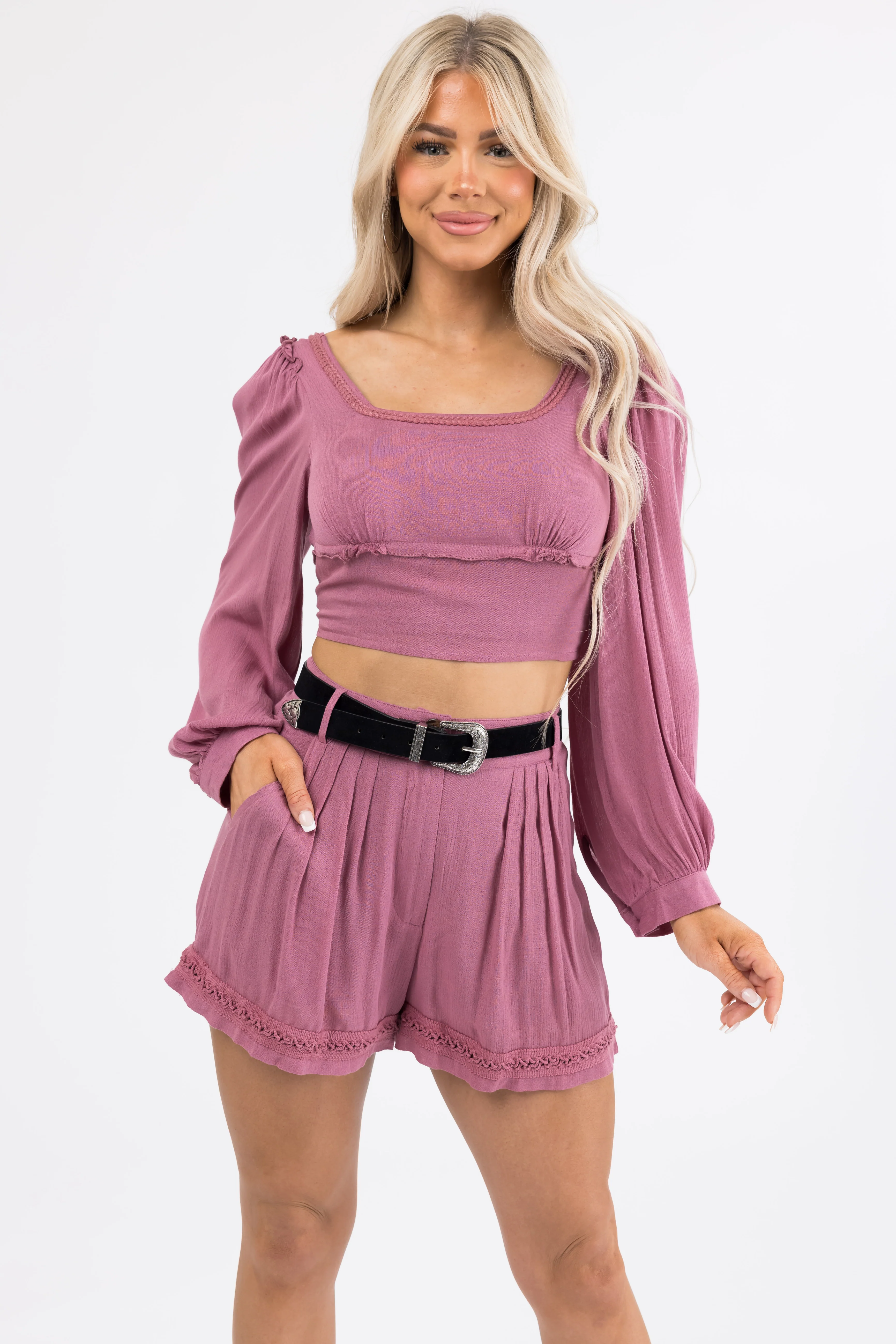 Berry Woven Shorts and Crop Top Set - Image 5