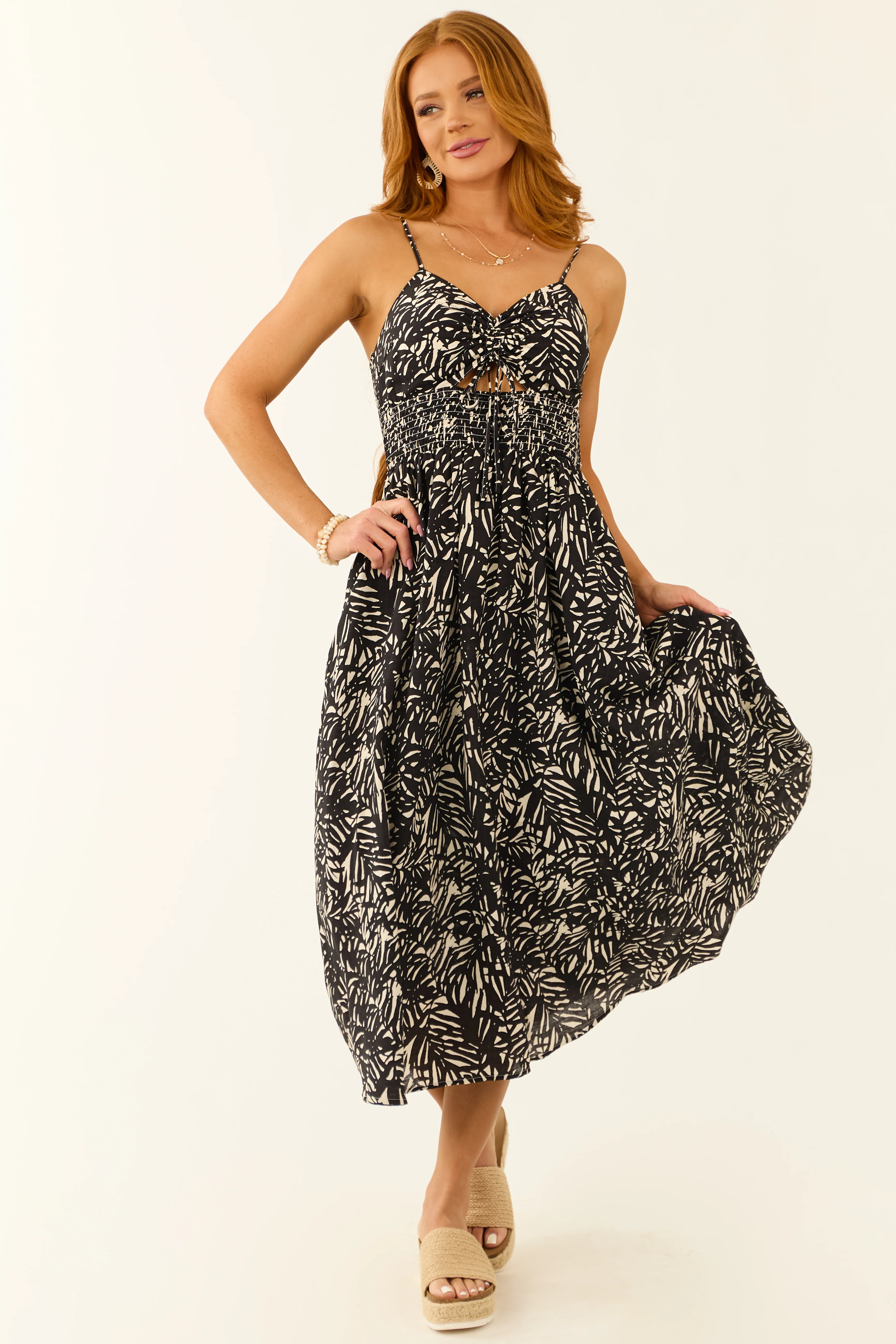 Black Abstract Leaf Print Ruched Midi Dress - Image 2