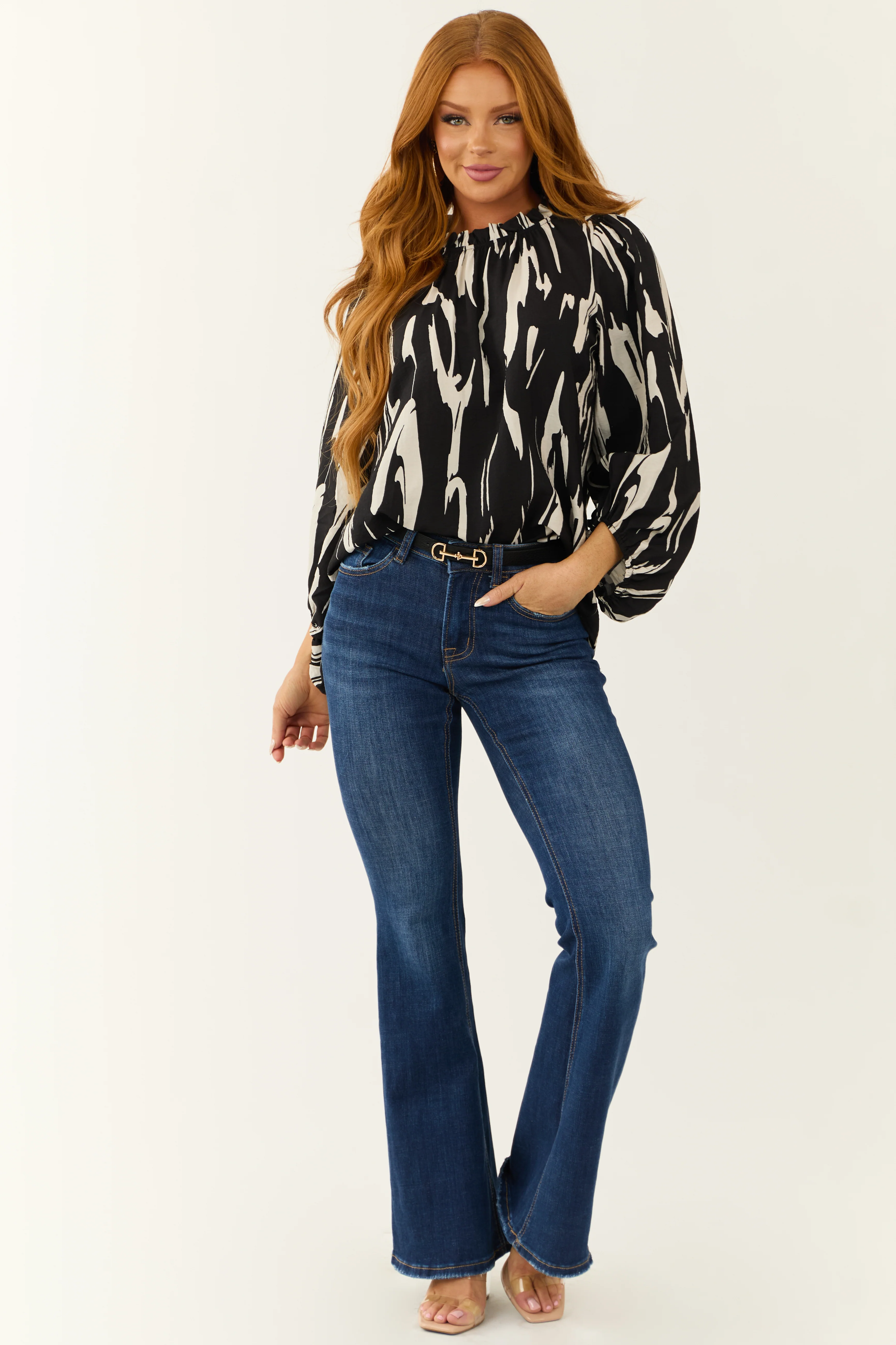 Black Abstract Print Long Puff Sleeve Top - Image 2