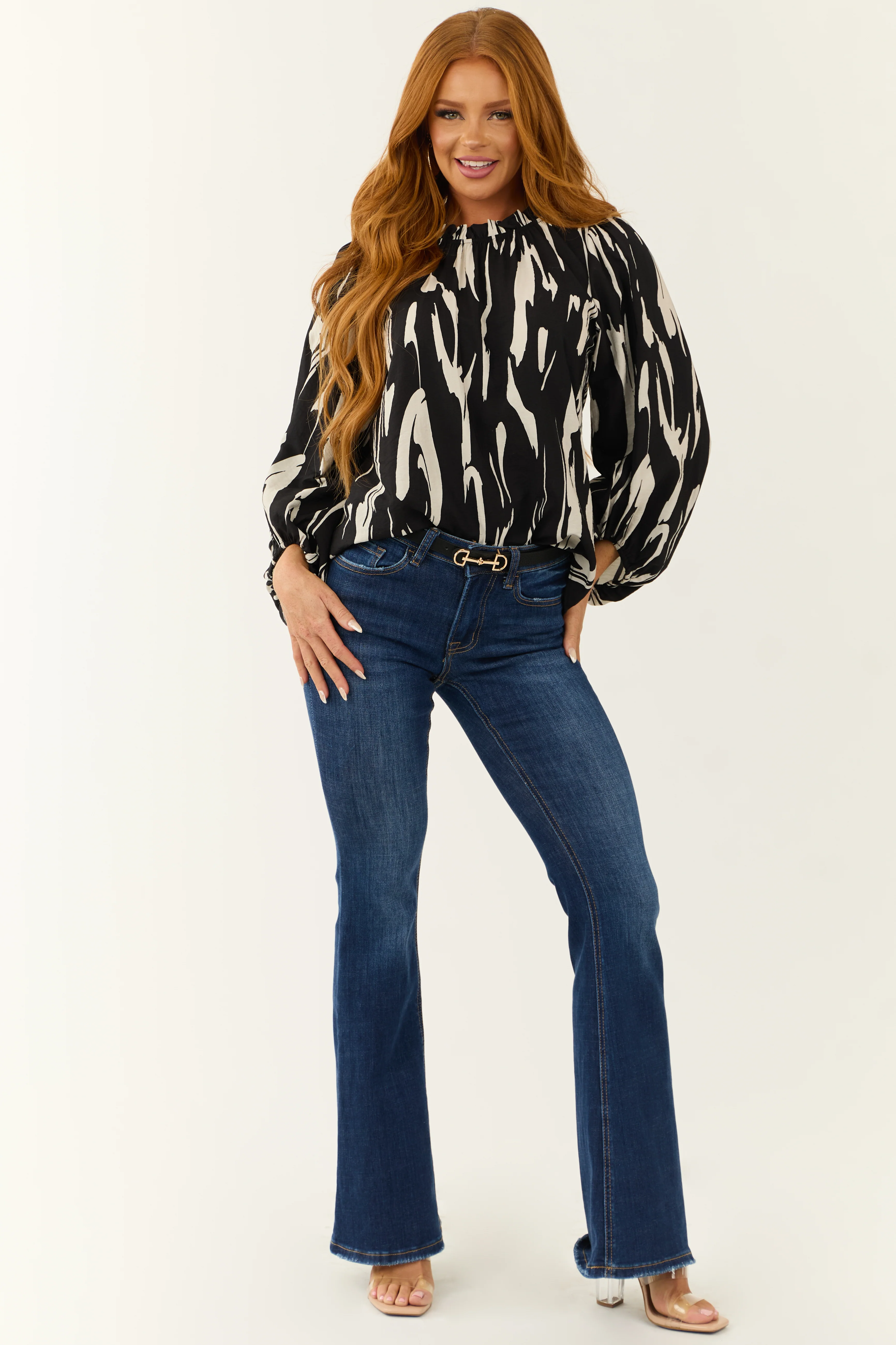 Black Abstract Print Long Puff Sleeve Top - Image 3