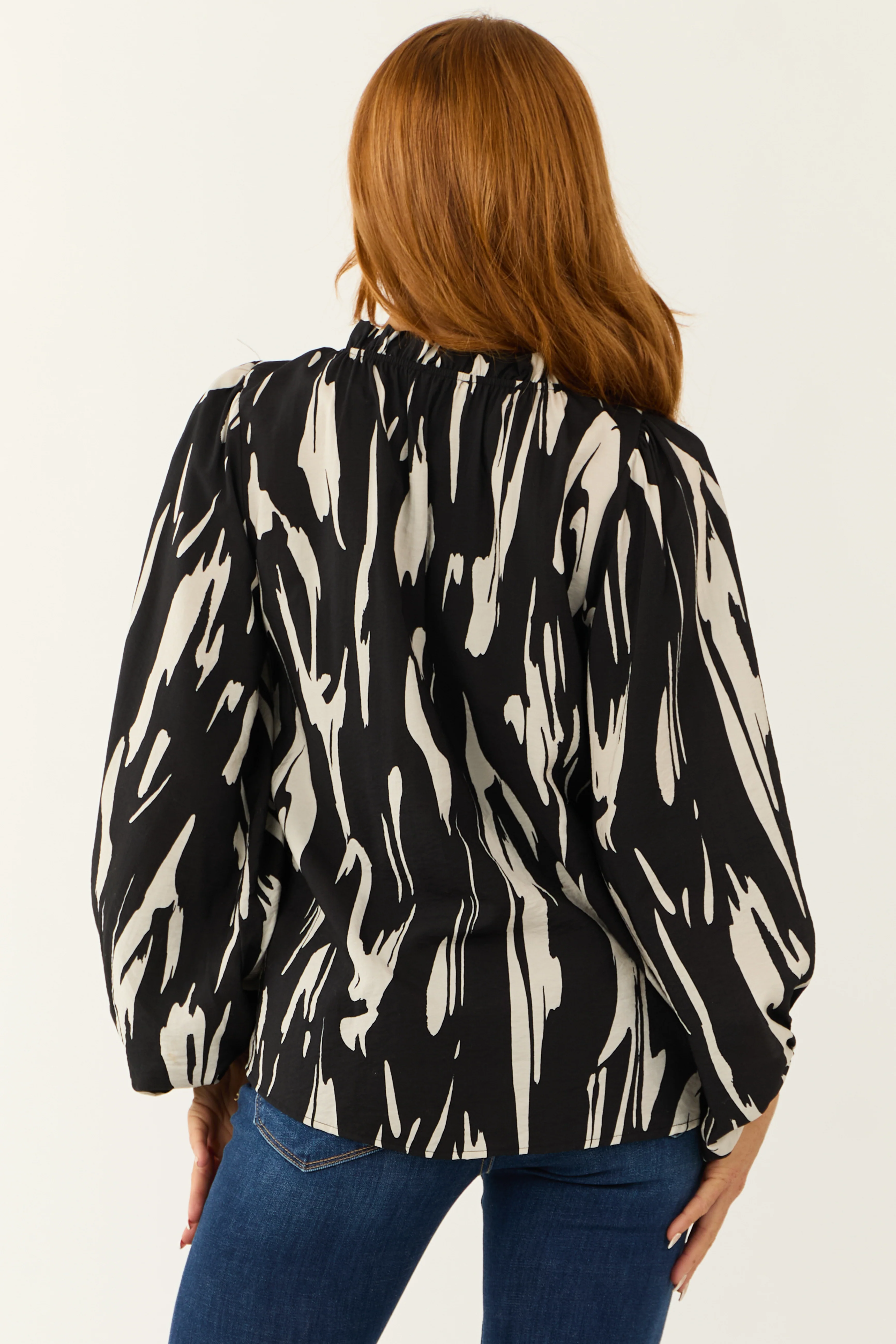 Black Abstract Print Long Puff Sleeve Top - Image 5