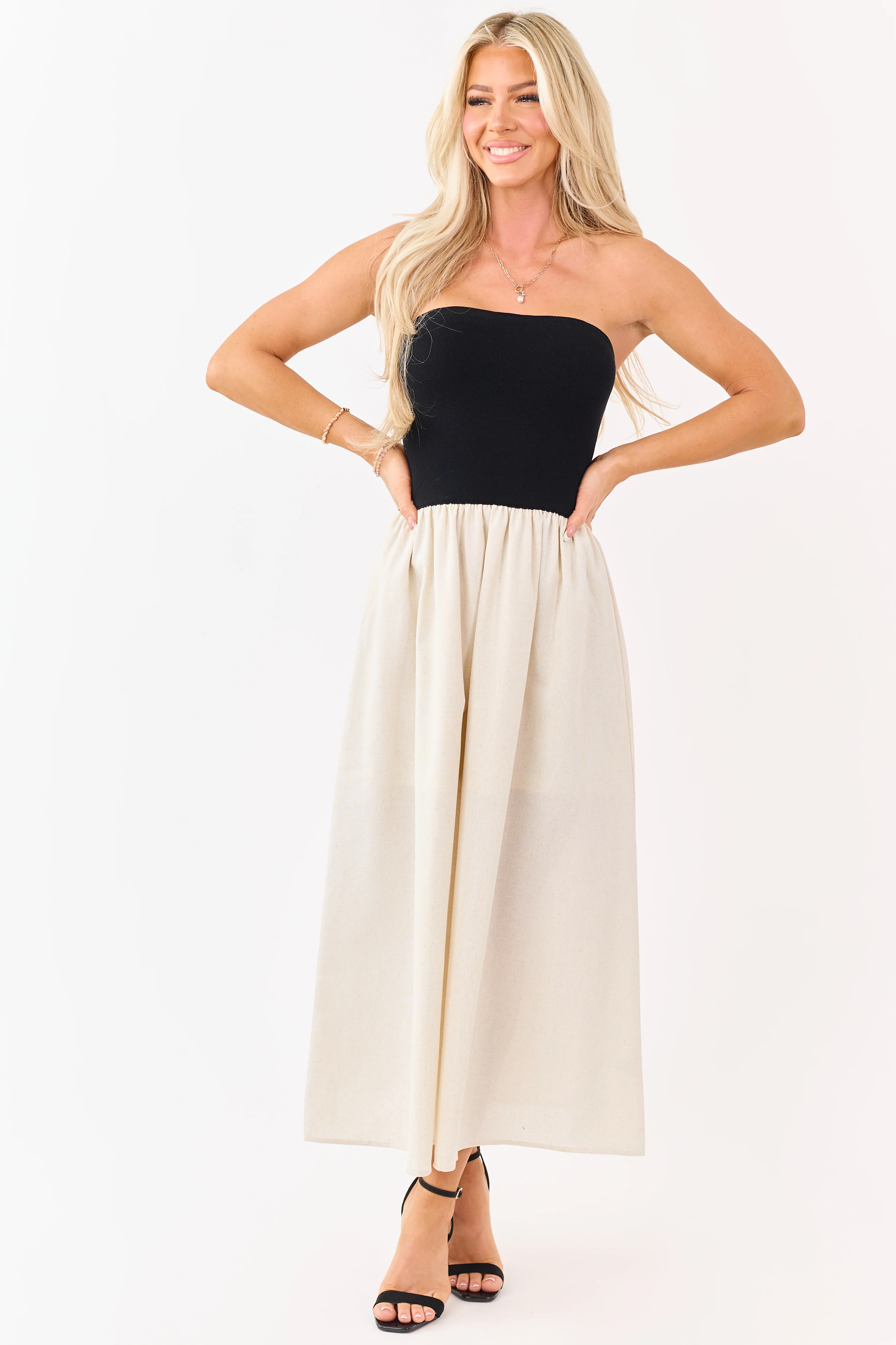 Black and Almond Colorblock Strapless Midi Dress - Image 2