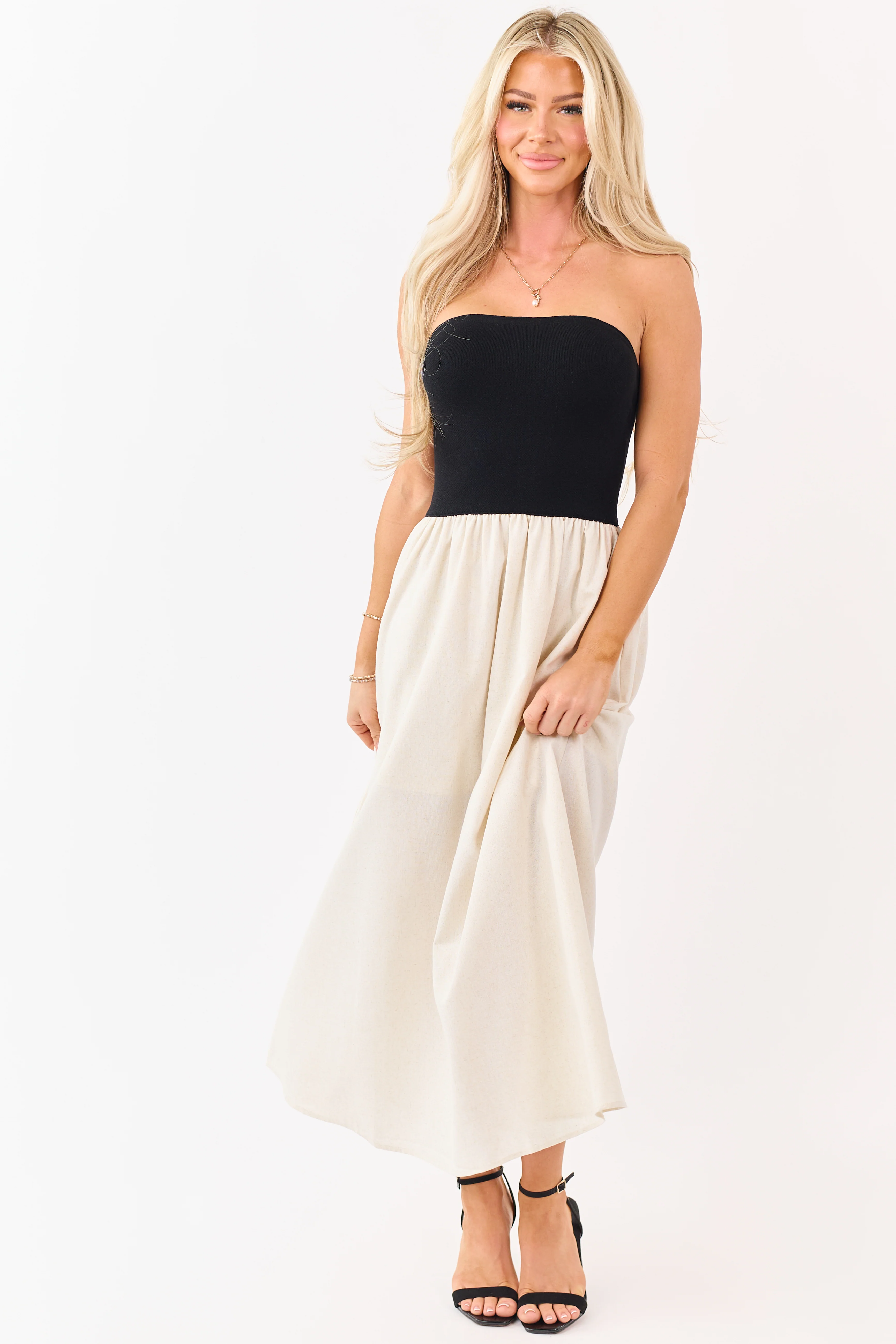 Black and Almond Colorblock Strapless Midi Dress - Image 3
