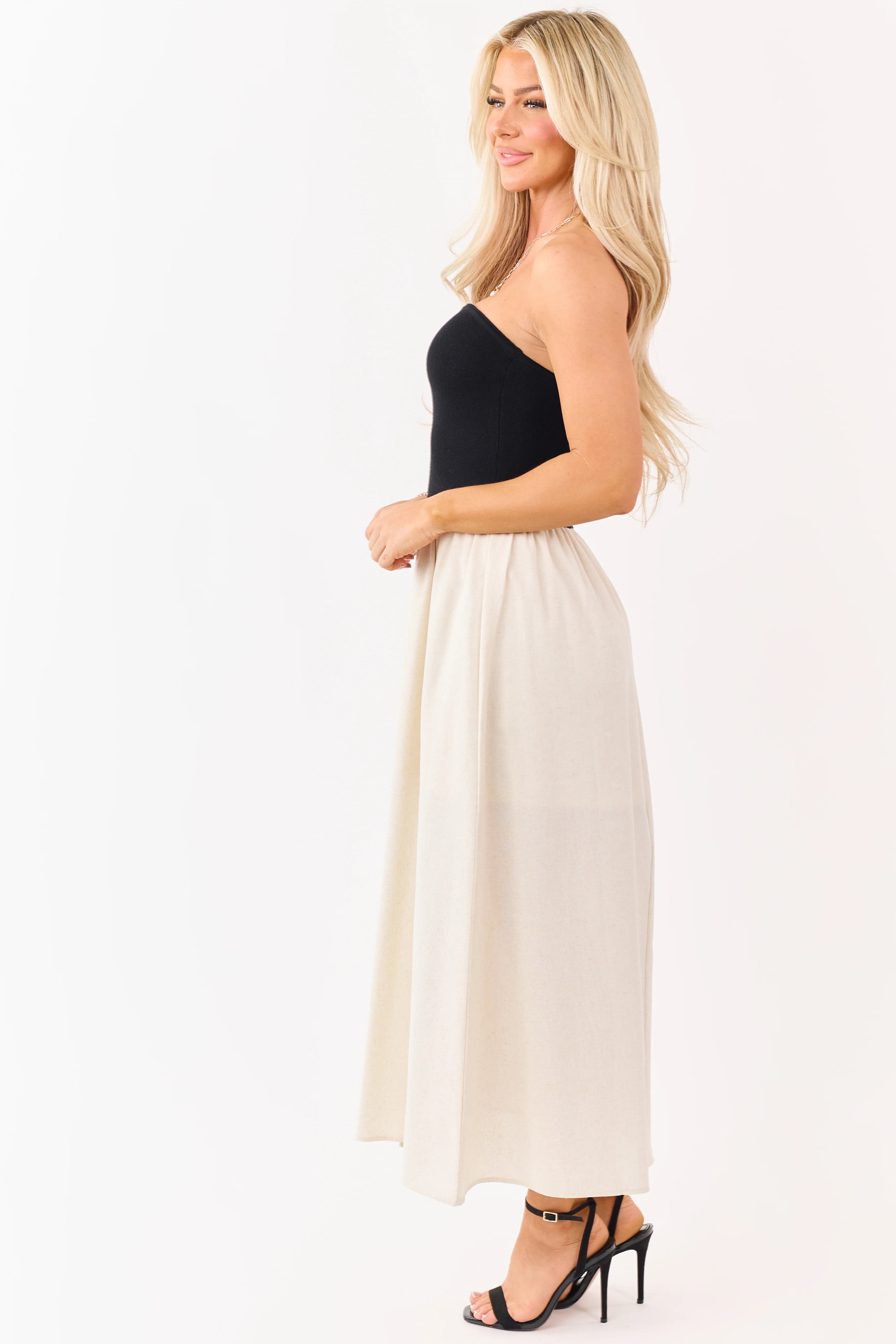 Black and Almond Colorblock Strapless Midi Dress - Image 4