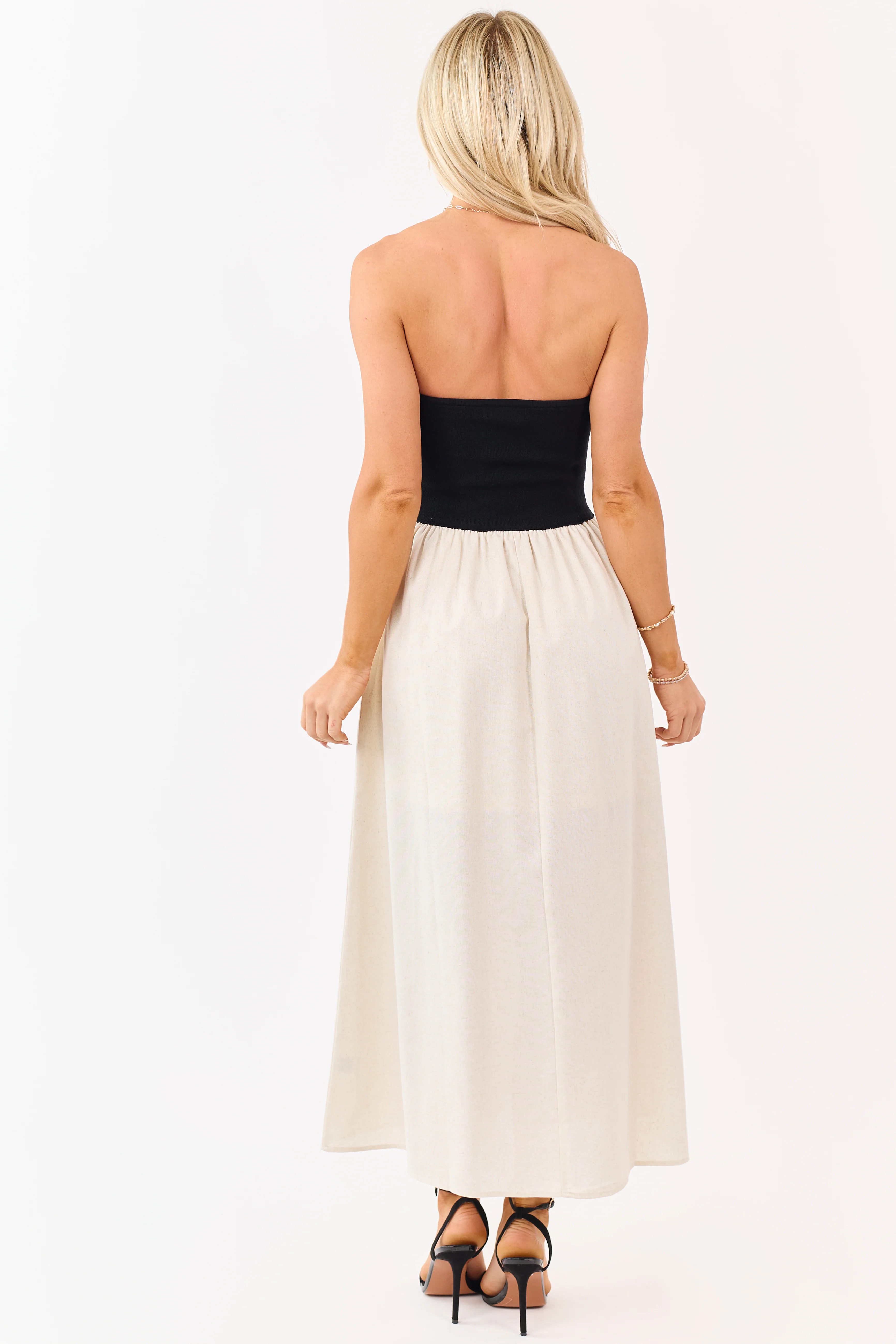 Black and Almond Colorblock Strapless Midi Dress - Image 5