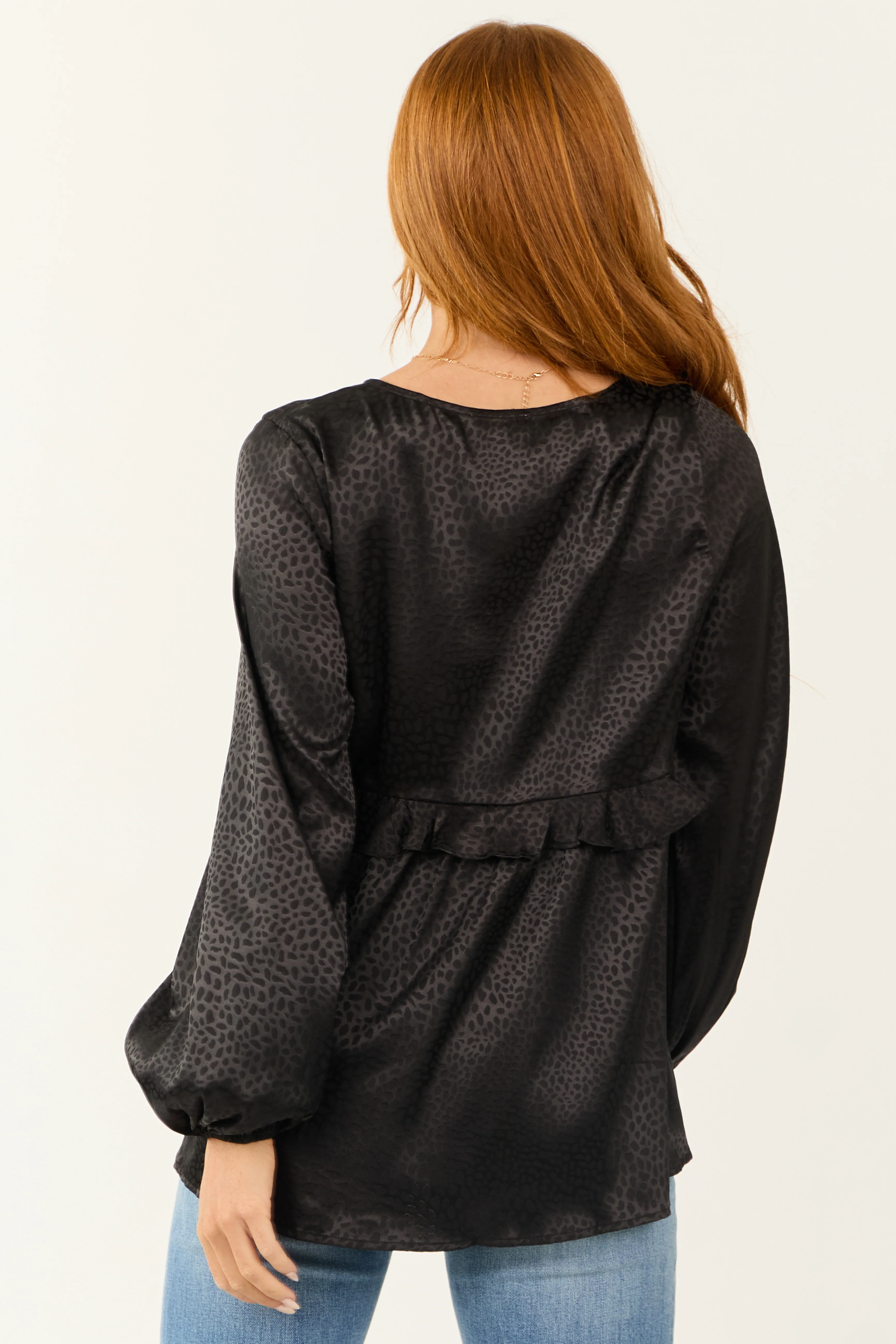Black Animal Print Satin Ruffle Babydoll Blouse - Image 5