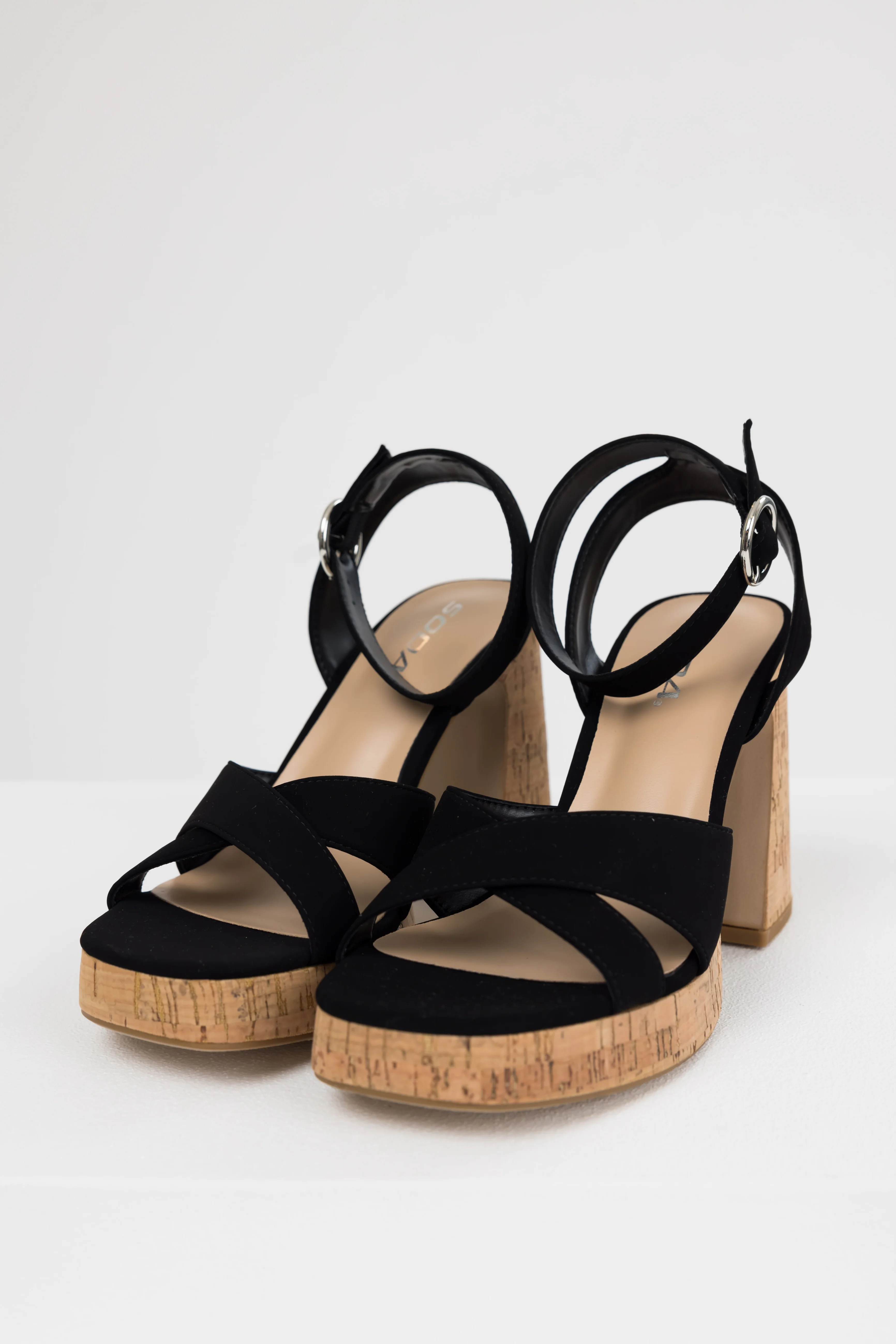 Black Ankle Strap Cork Platform Heels - Image 4