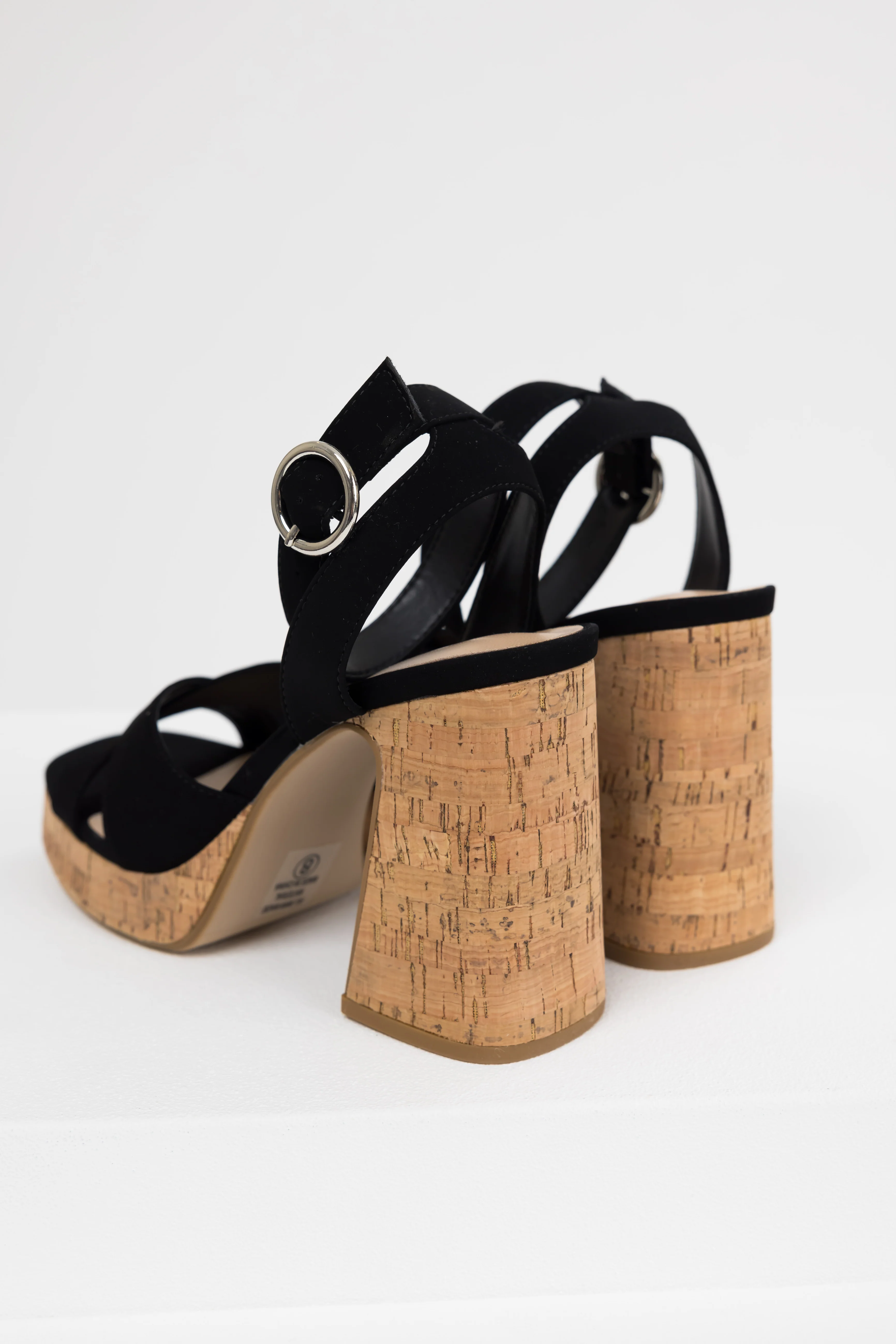 Black Ankle Strap Cork Platform Heels - Image 5