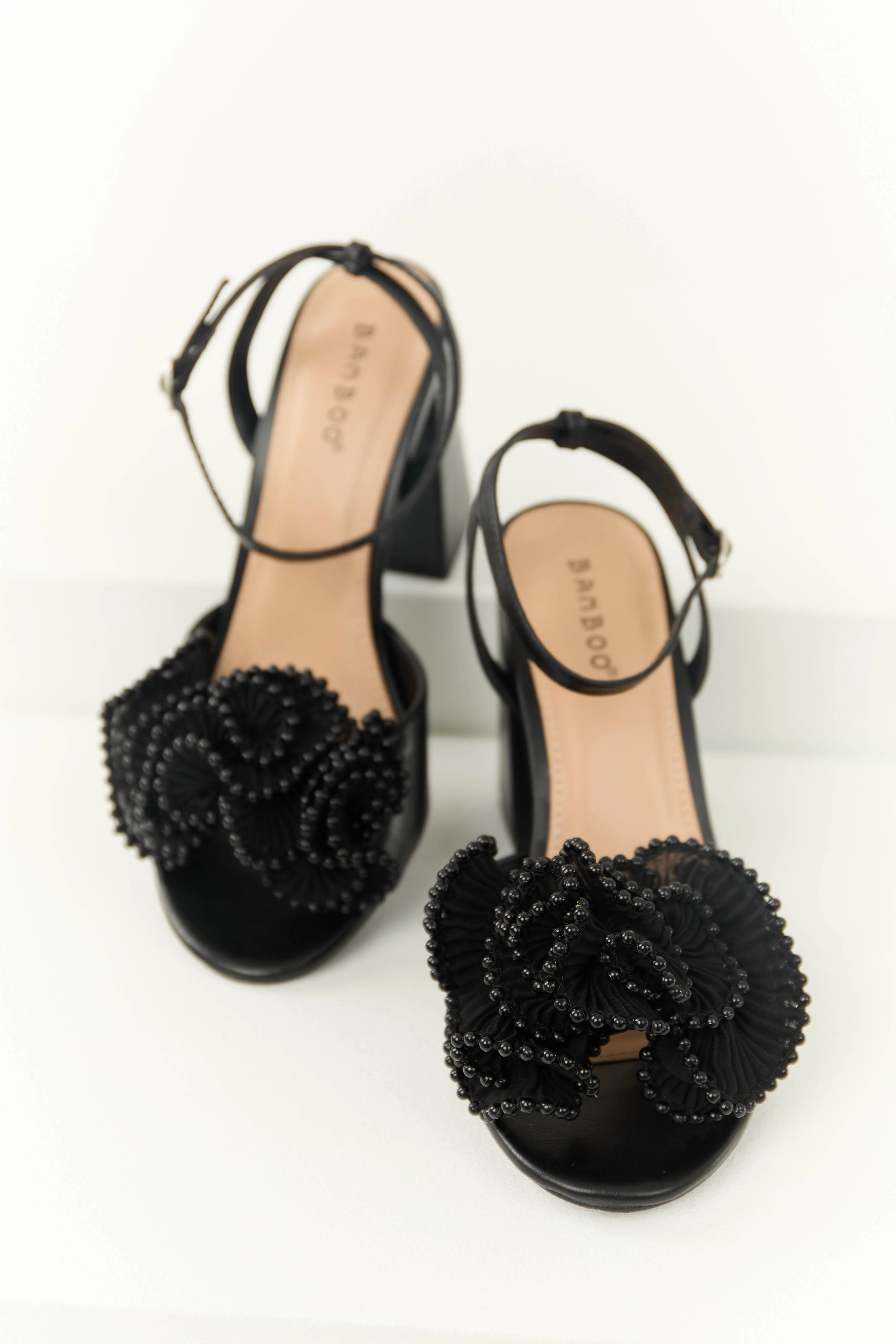 Black Beaded Ruffle Open Toe Block Heels - Image 2