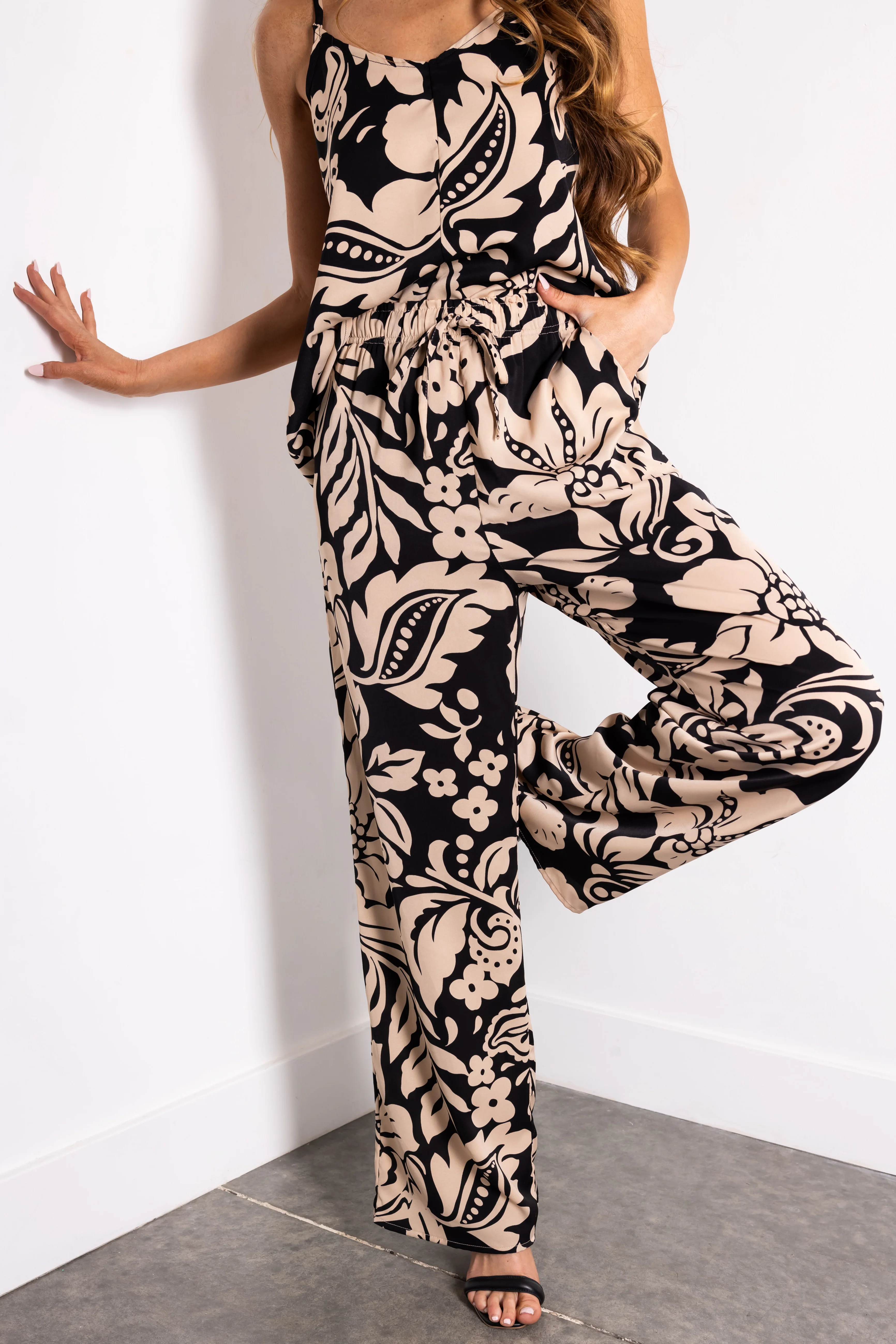Black and Beige Floral Print Wide Leg Pants - Image 2