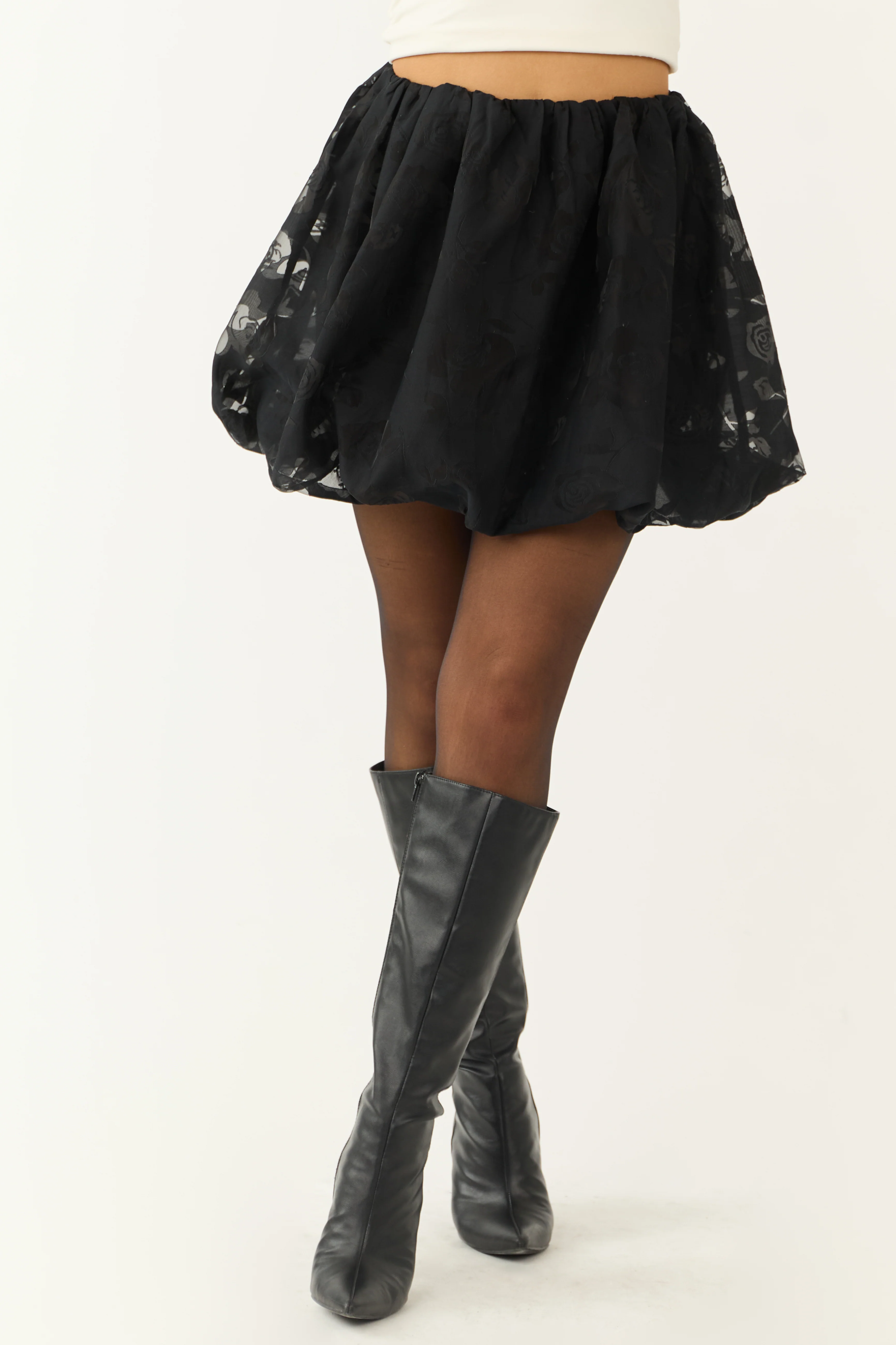 Black Burnout Floral Mesh Bubble Mini Skirt - Image 2