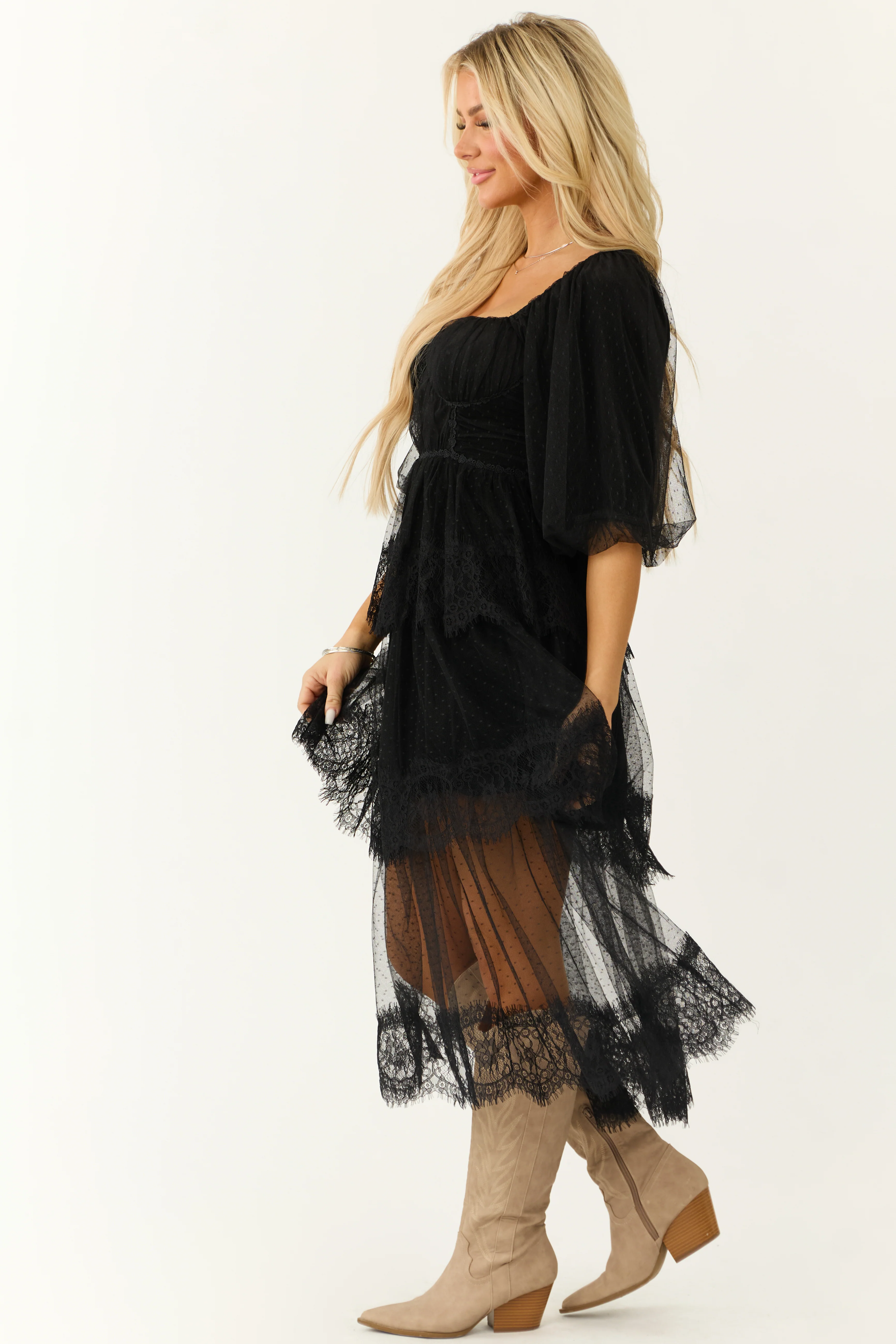 Black Bustier Mesh Lace Tiered Midi Dress - Image 5