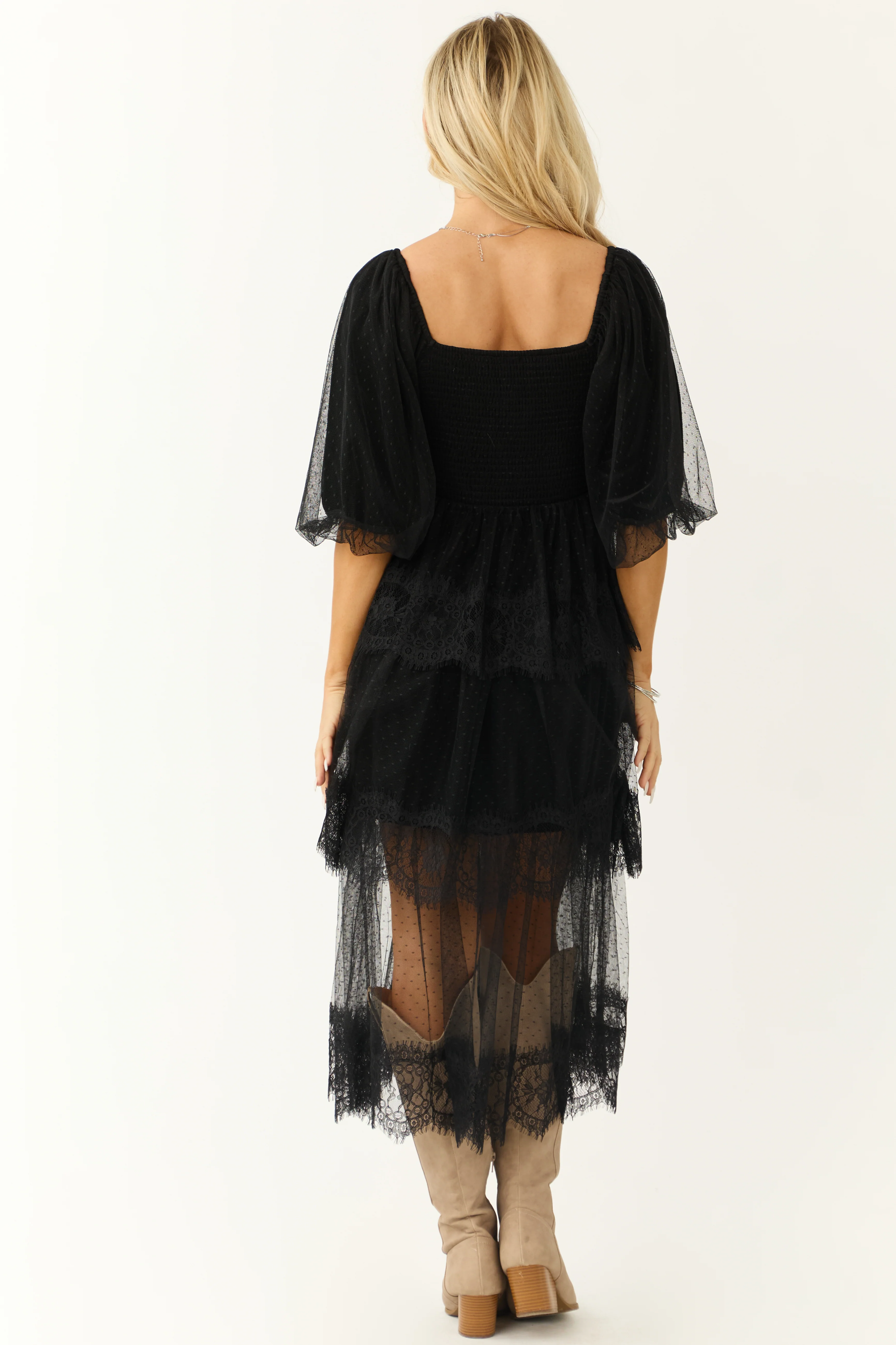 Black Bustier Mesh Lace Tiered Midi Dress - Image 6