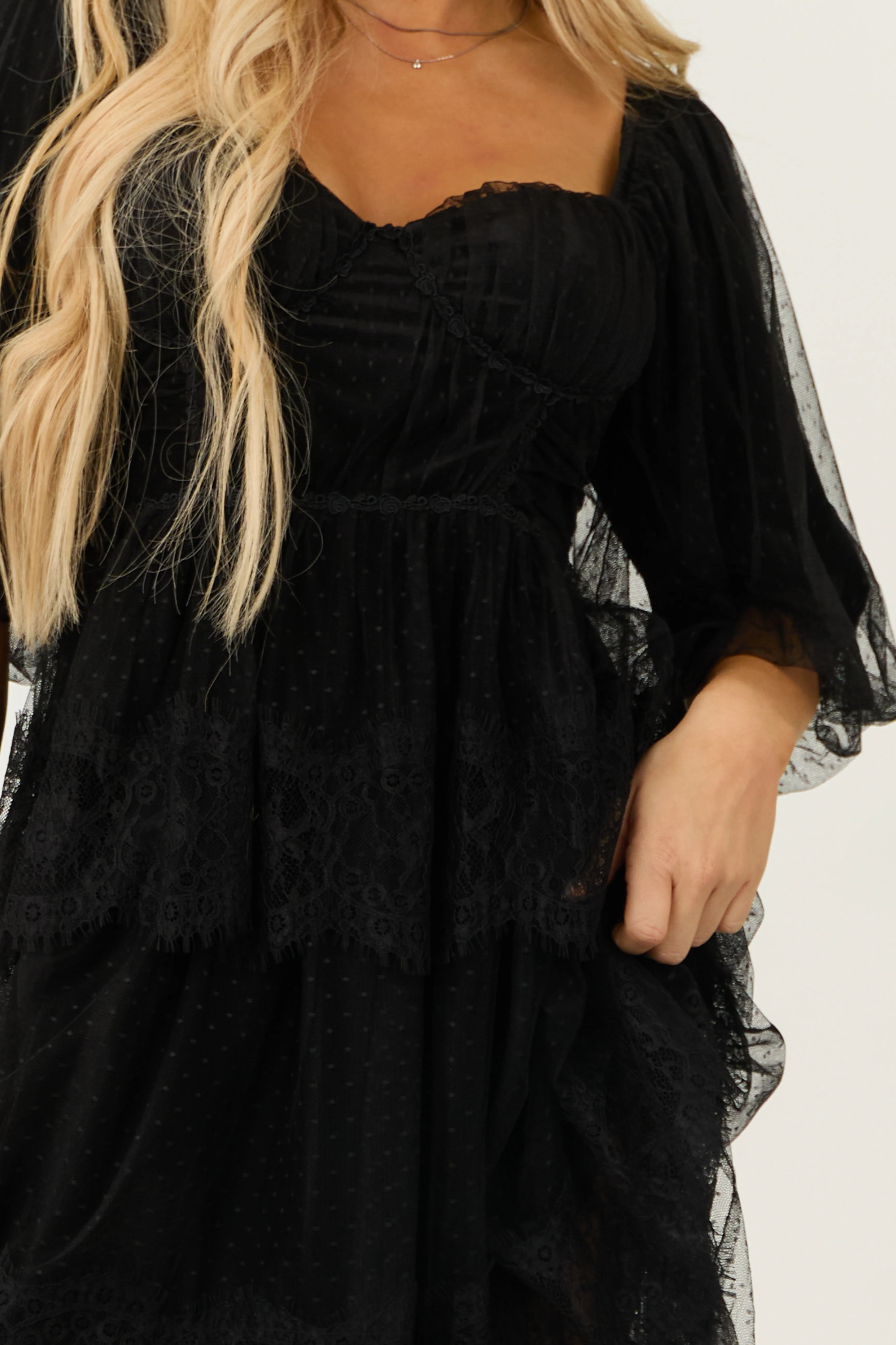 Black Bustier Mesh Lace Tiered Midi Dress - Image 7