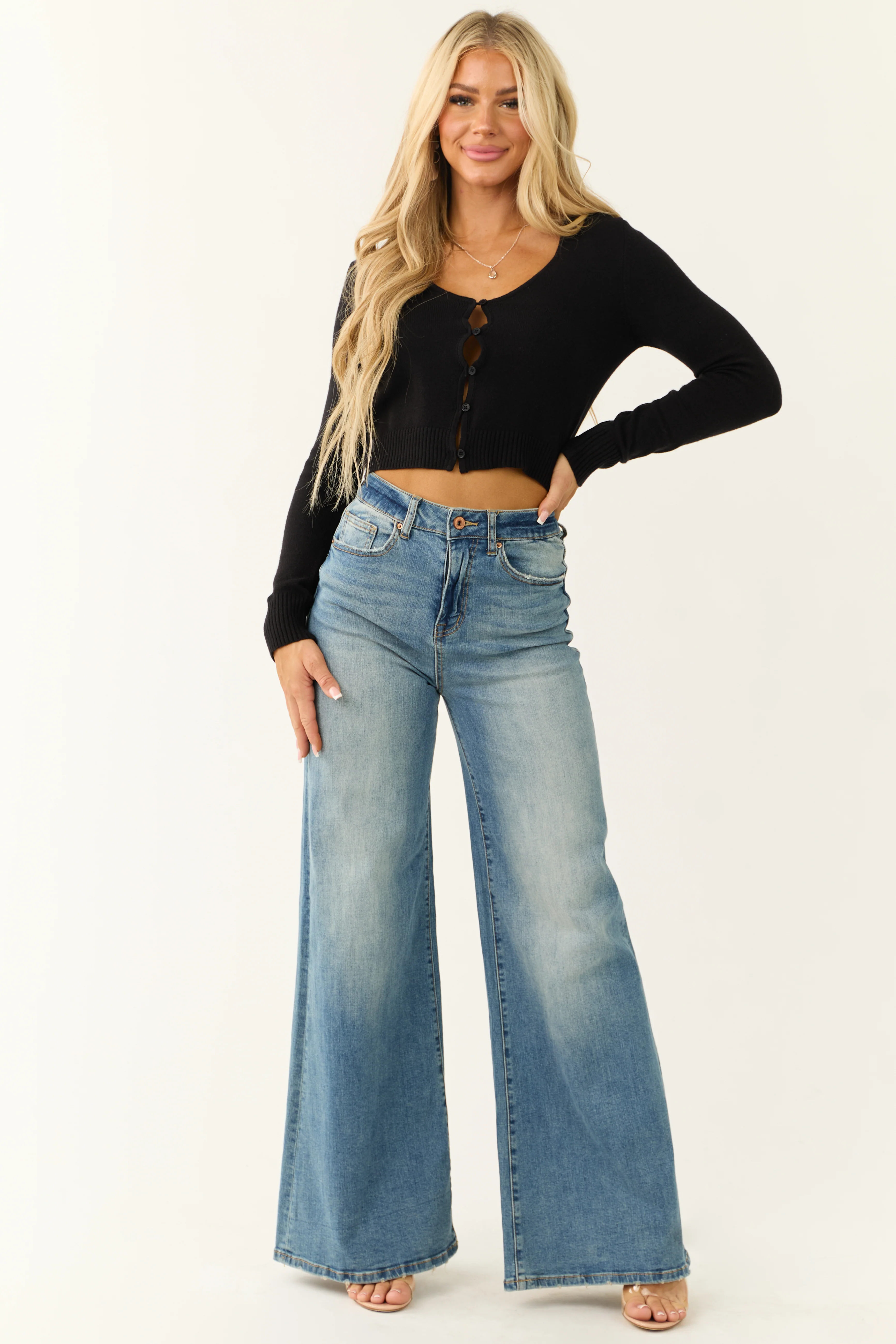 Black Button Down Cropped Knit Cardigan - Image 2