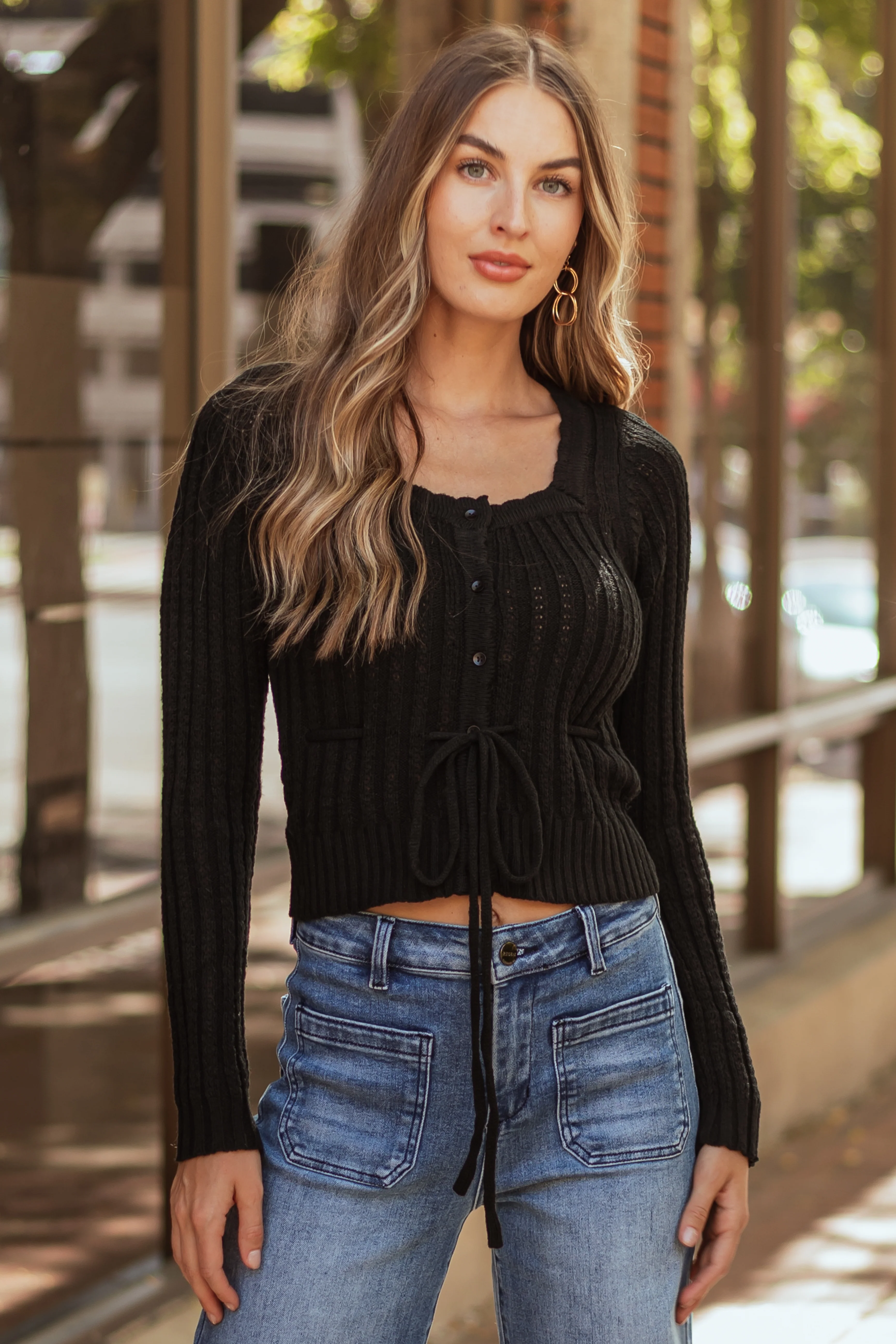 Black Button Down Front Tie Square Neck Cardigan - Image 2