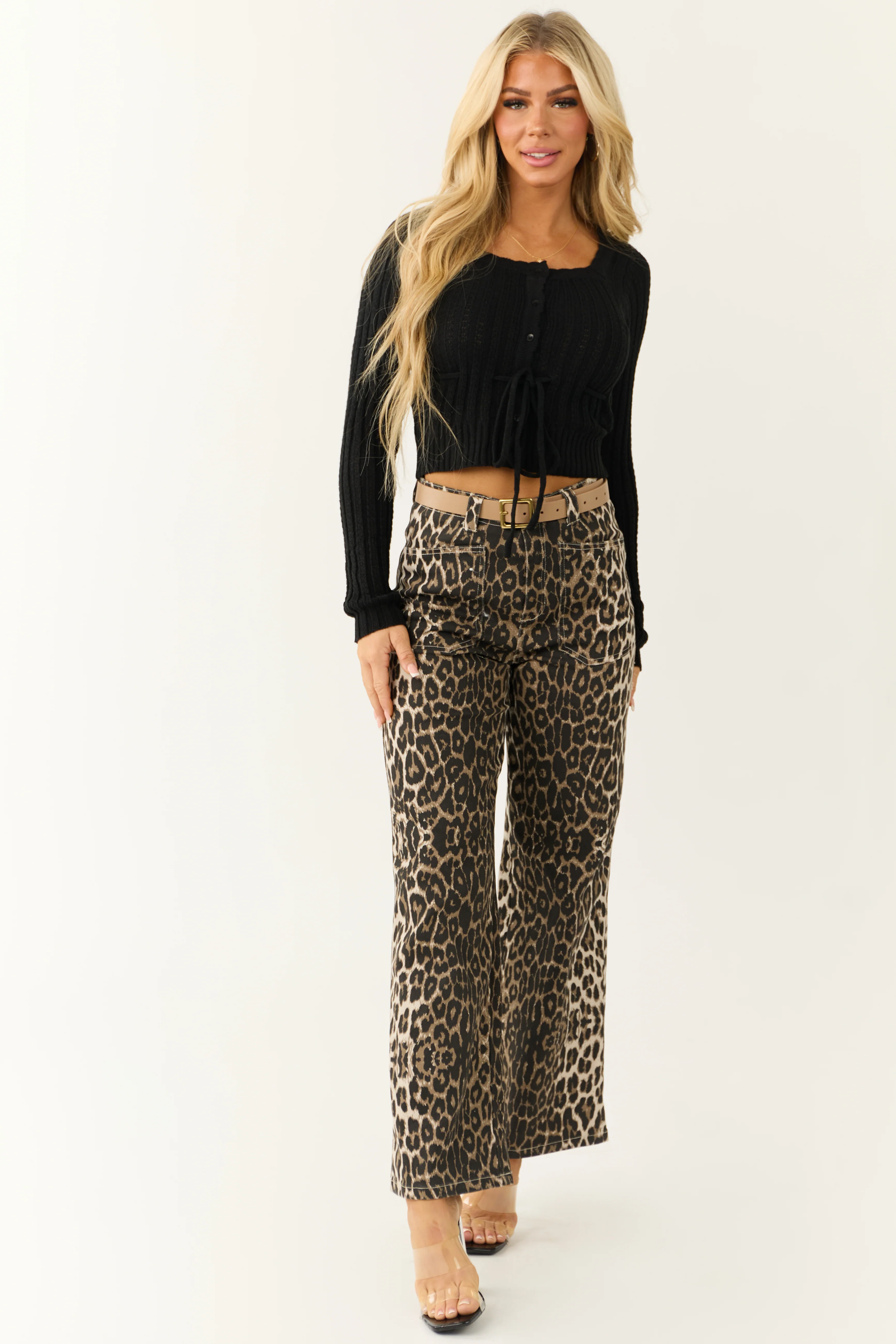 Black Button Down Front Tie Square Neck Cardigan - Image 3