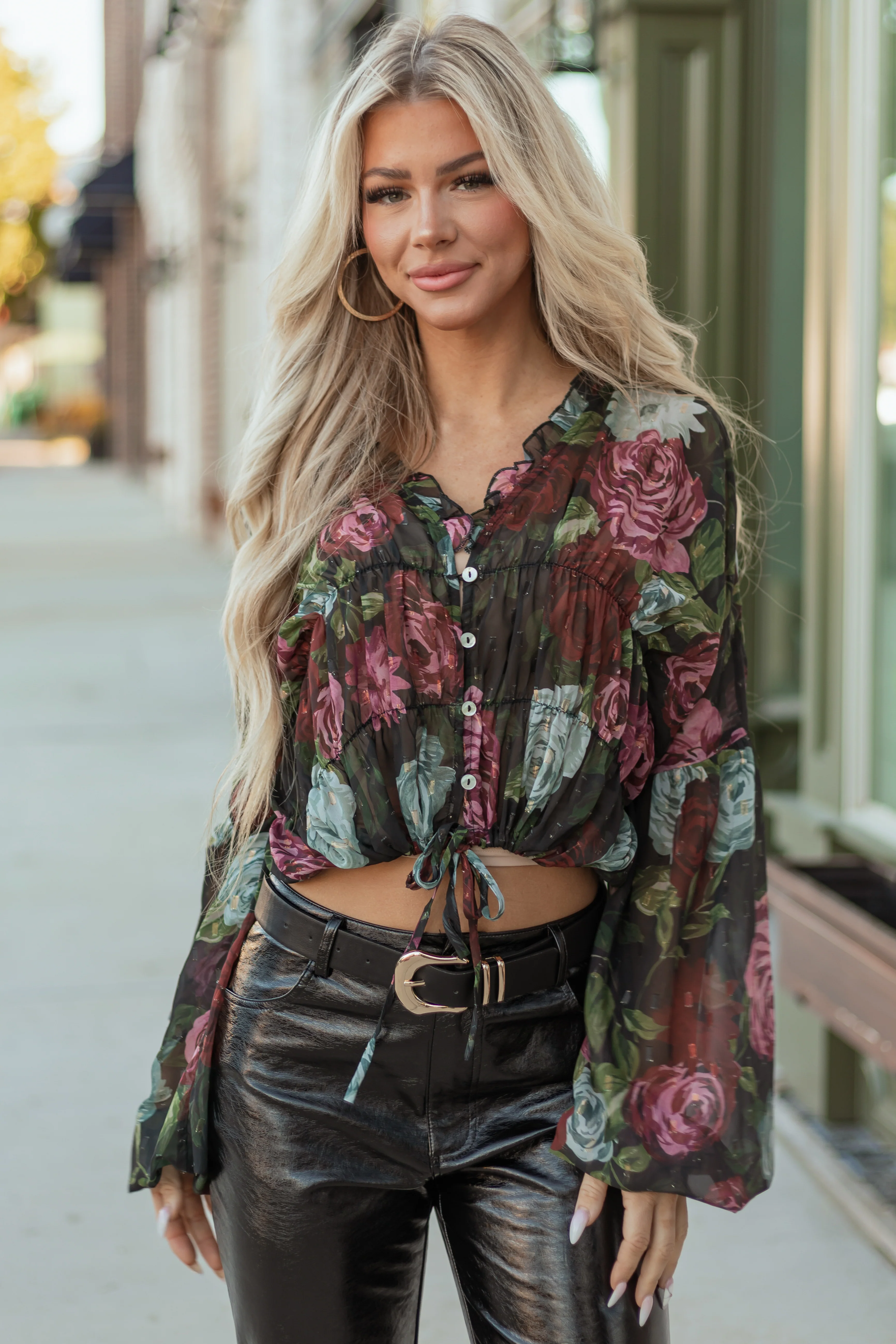 Black Chiffon Sheer Floral Metallic Swiss Dot Top - Image 2