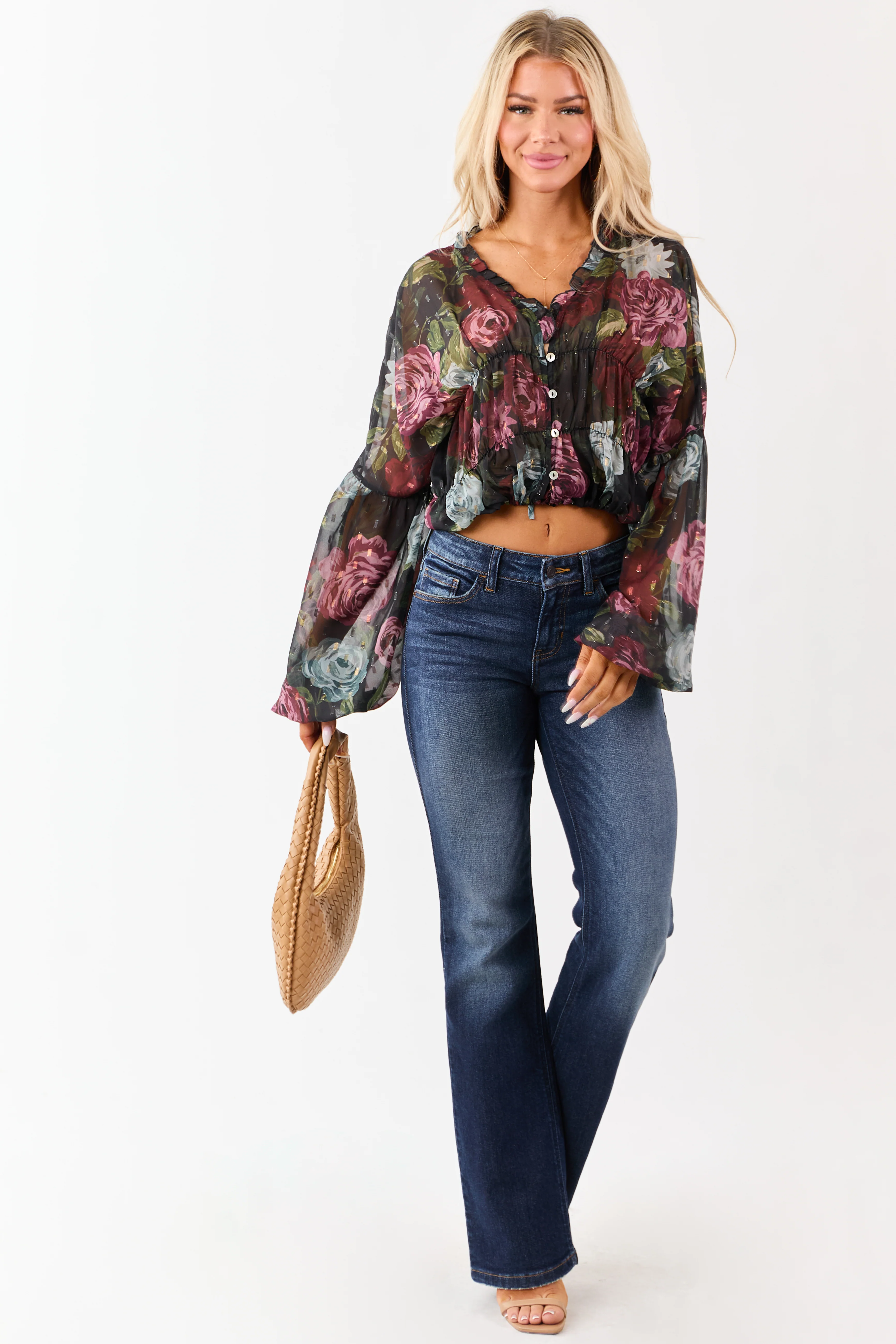 Black Chiffon Sheer Floral Metallic Swiss Dot Top - Image 5
