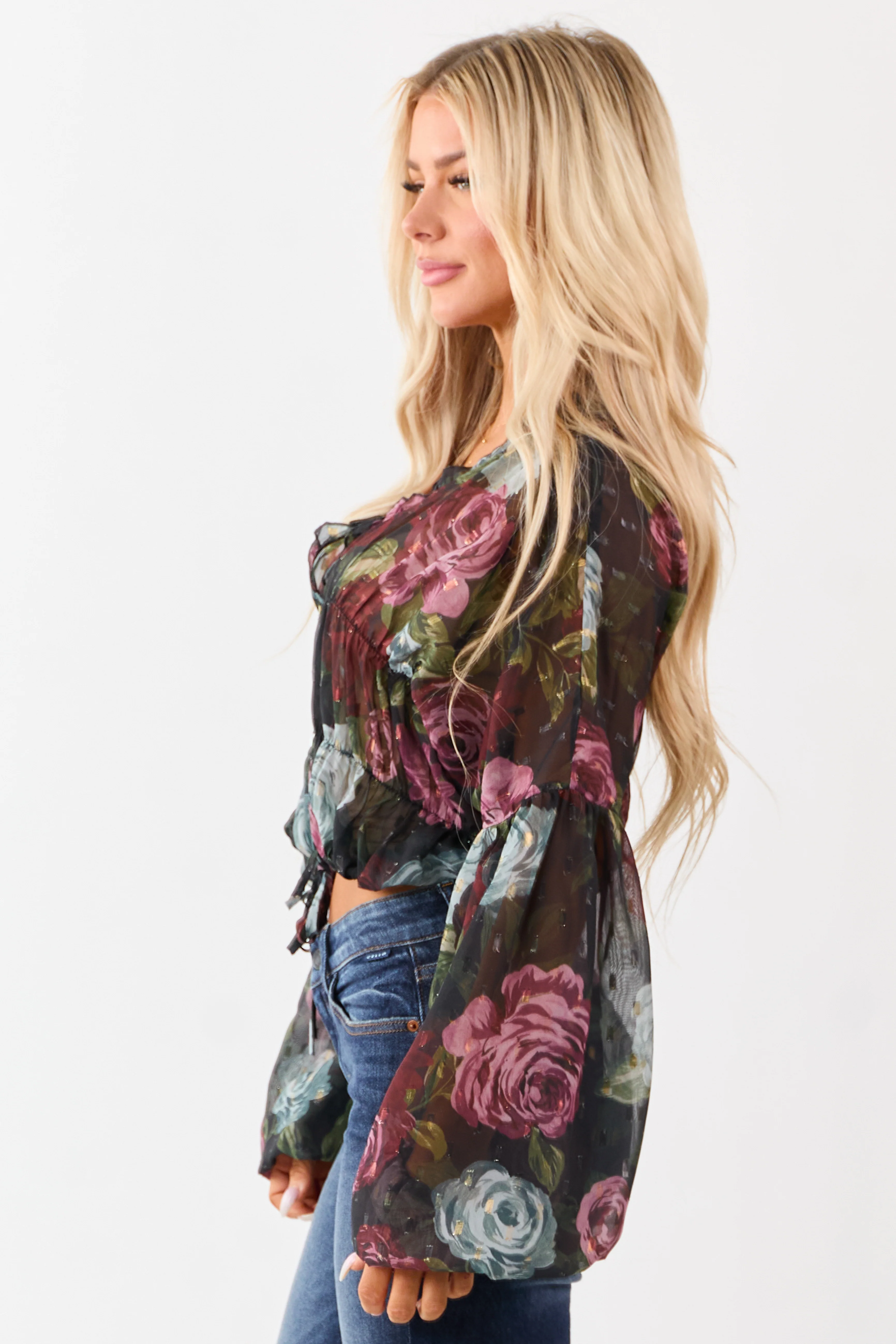 Black Chiffon Sheer Floral Metallic Swiss Dot Top - Image 6