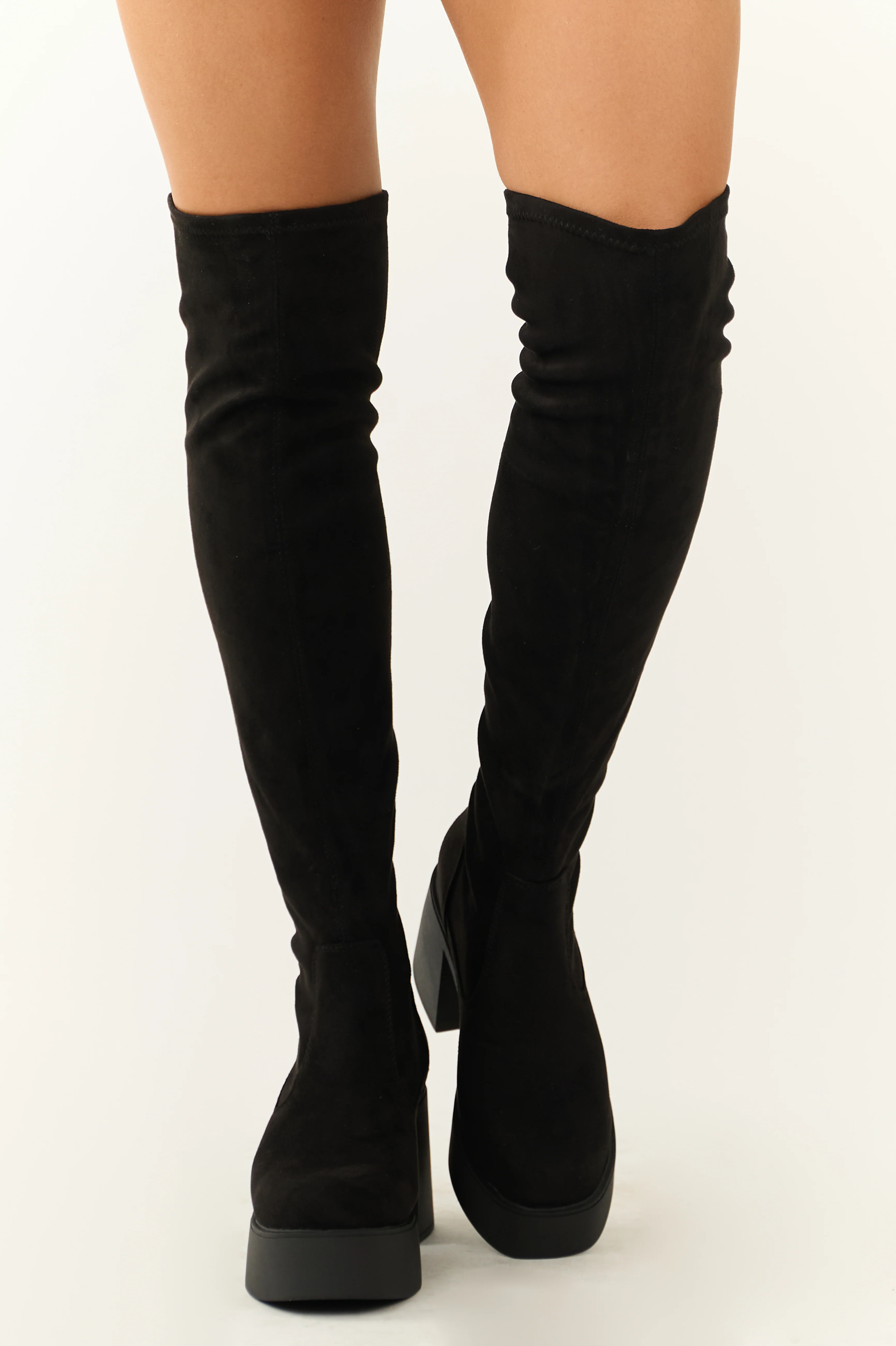 Black Chunky Heel Faux Suede Knee High Boots - Image 2