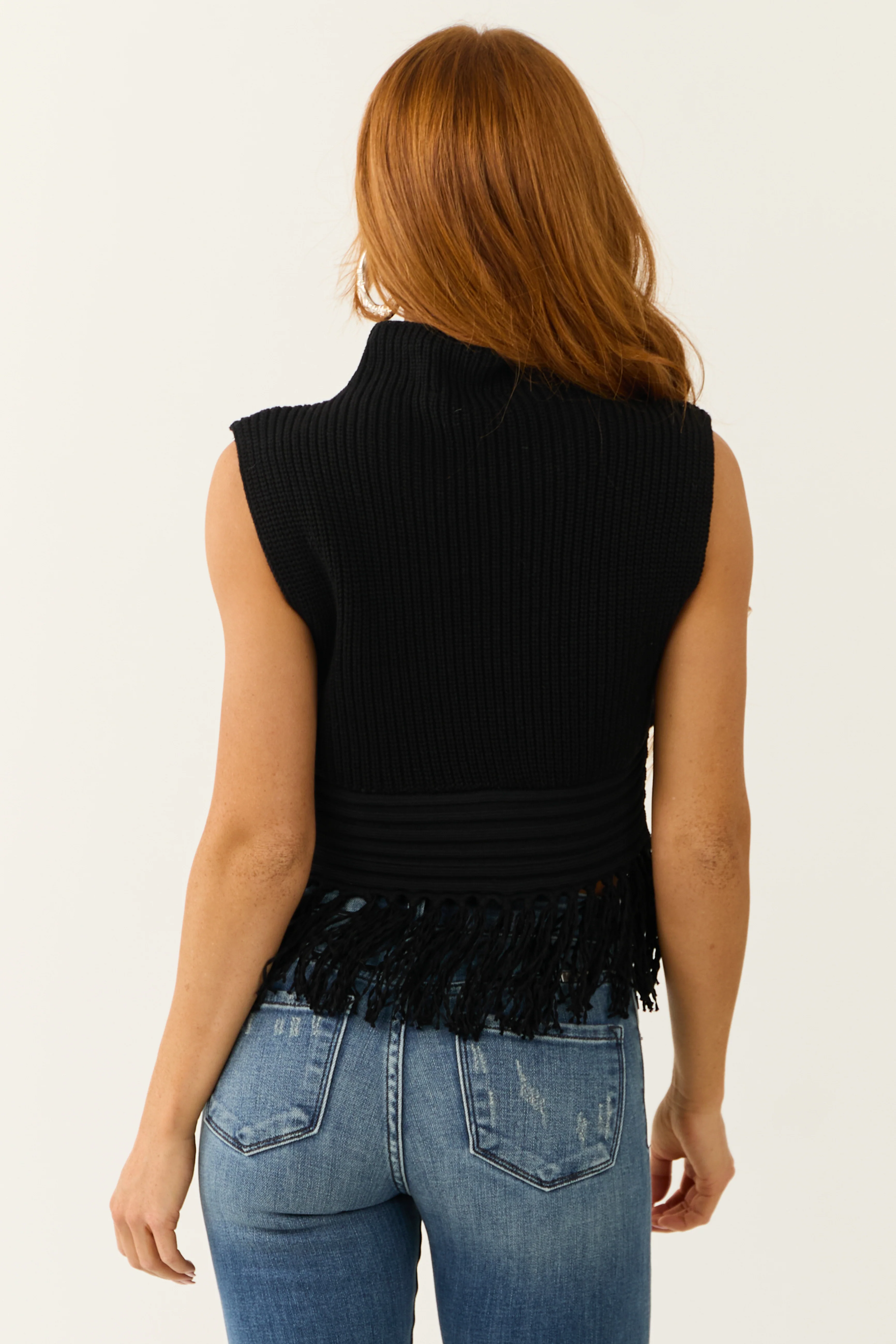 Black Chunky Knit Tassel Hem Sleeveless Top - Image 6